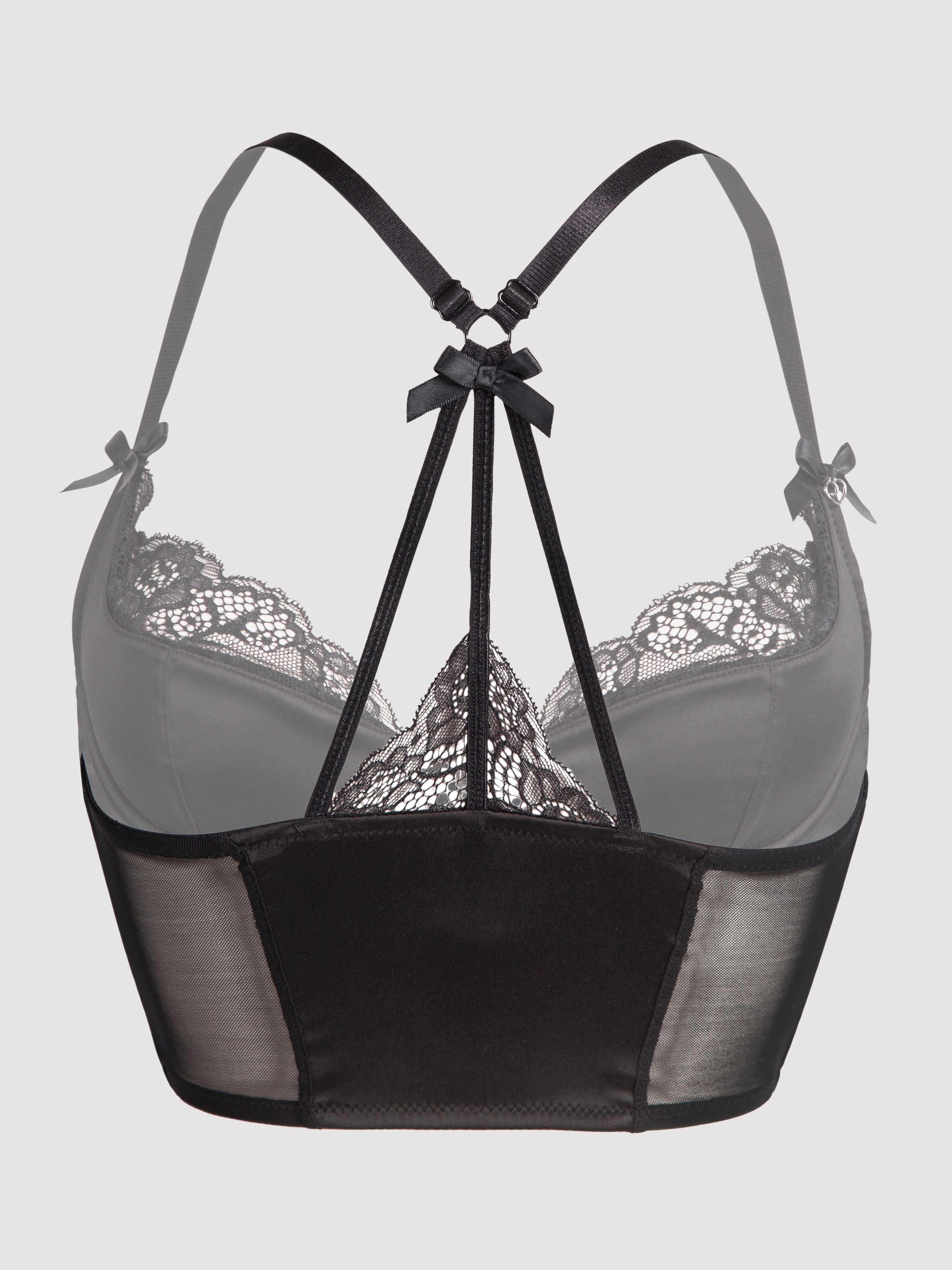 Lovehoney Front-Fastening Black Satin Longline Bra, Black, hi-res