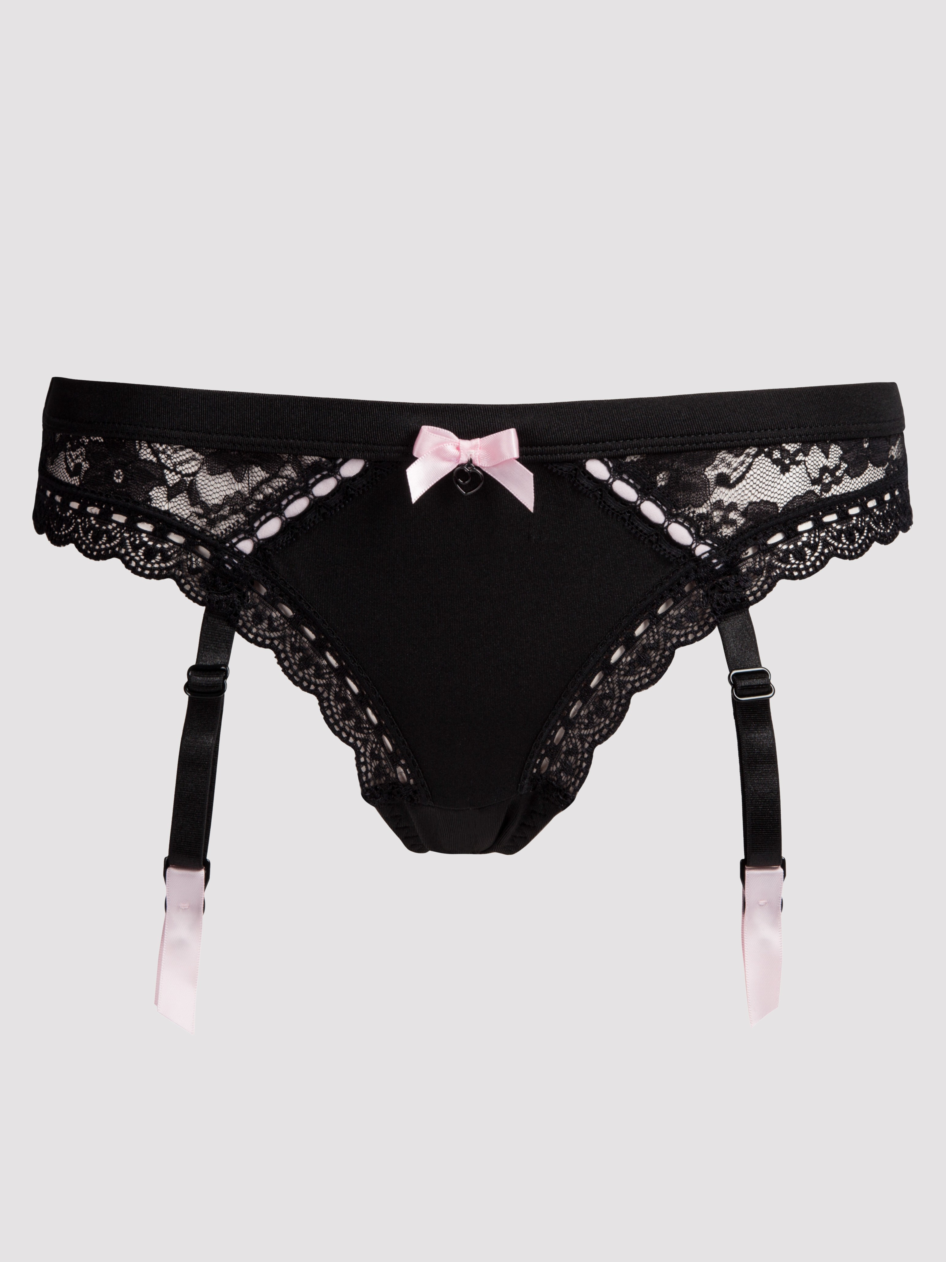 Lovehoney Seduce Me Crotchless Suspender Thong, Black, vanilla
