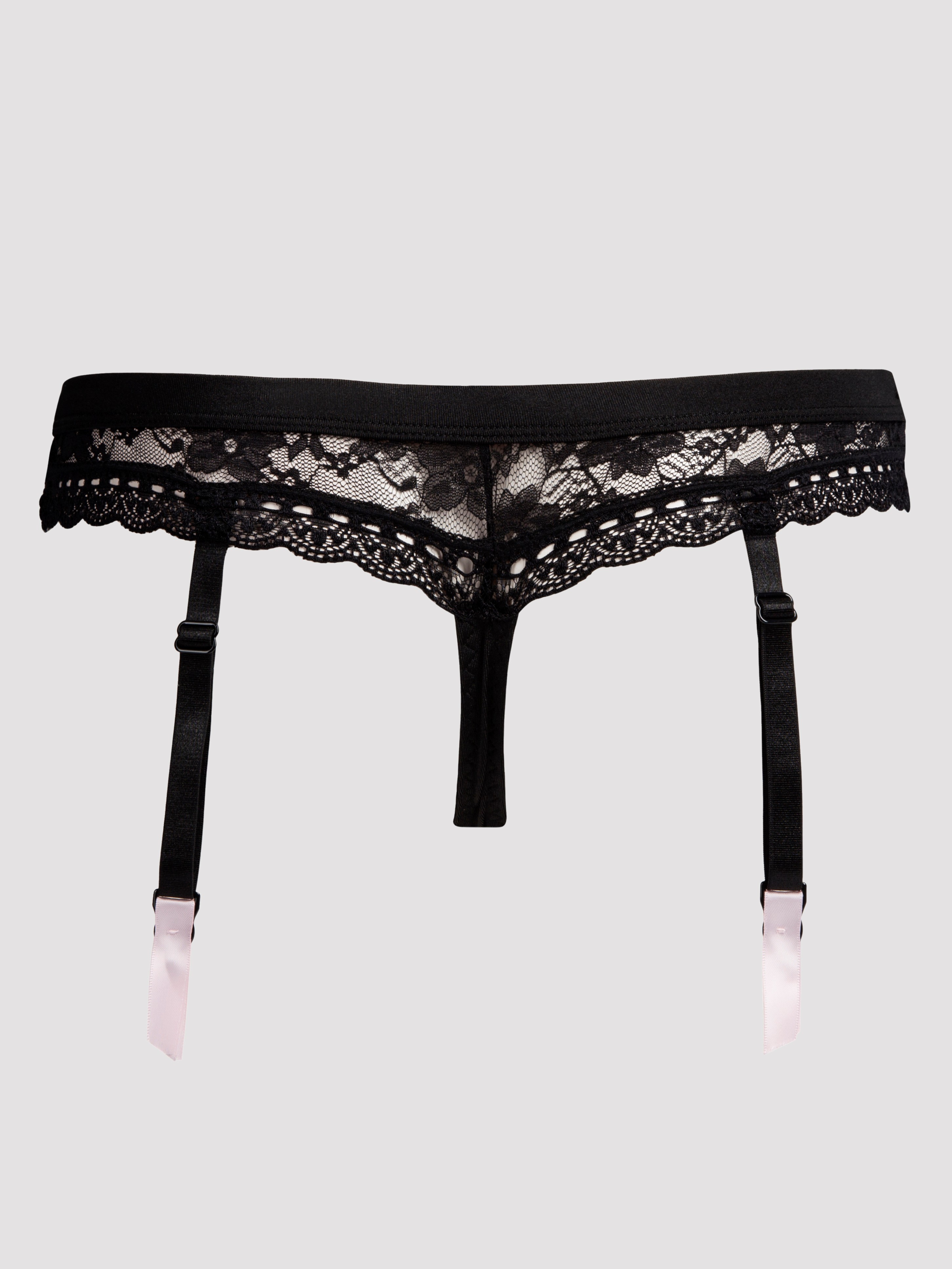 Lovehoney Seduce Me Crotchless Suspender Thong, Black, vanilla