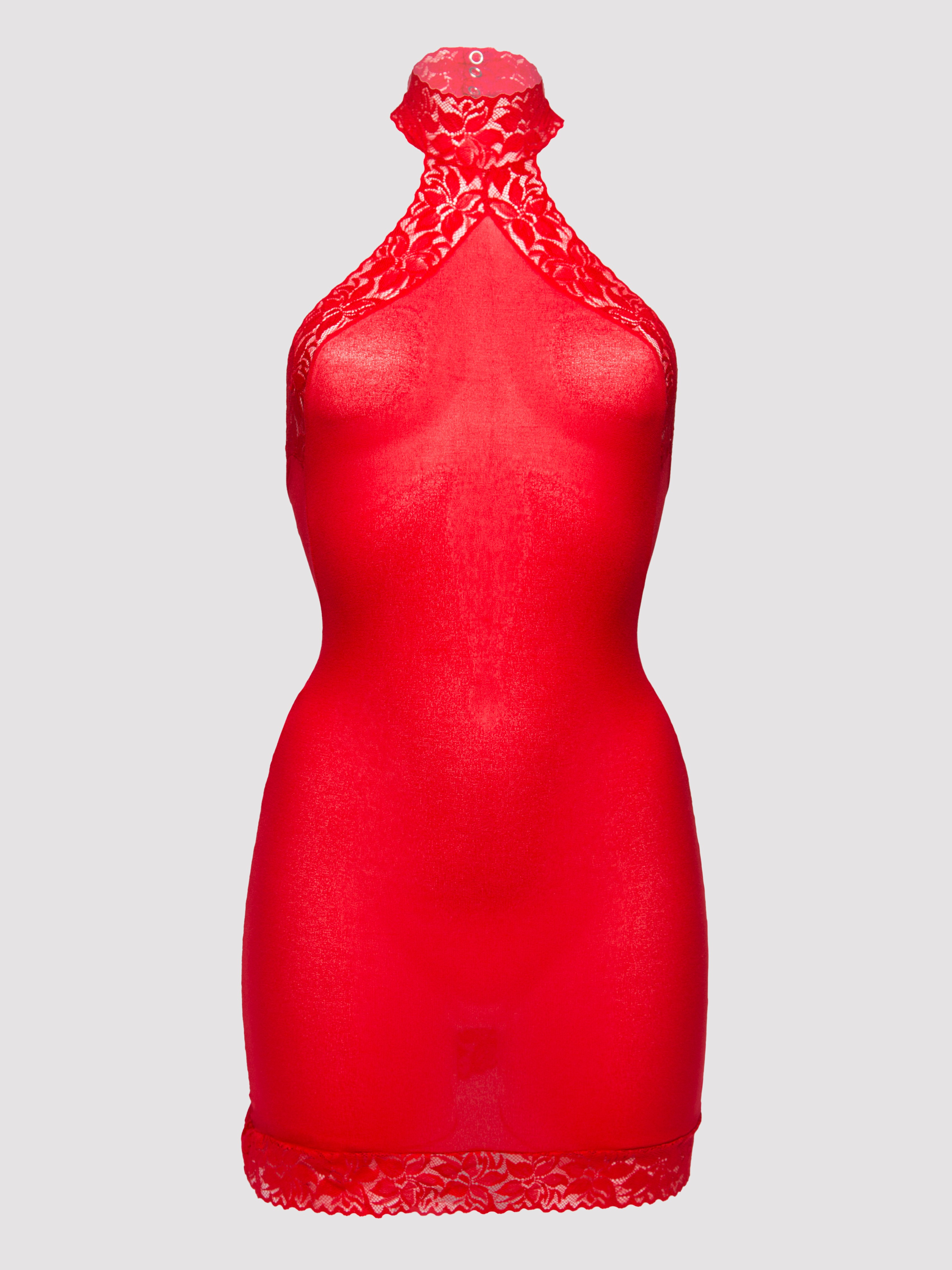 Lovehoney Plus Size Red Halterneck Mini Dress, Red, hi-res