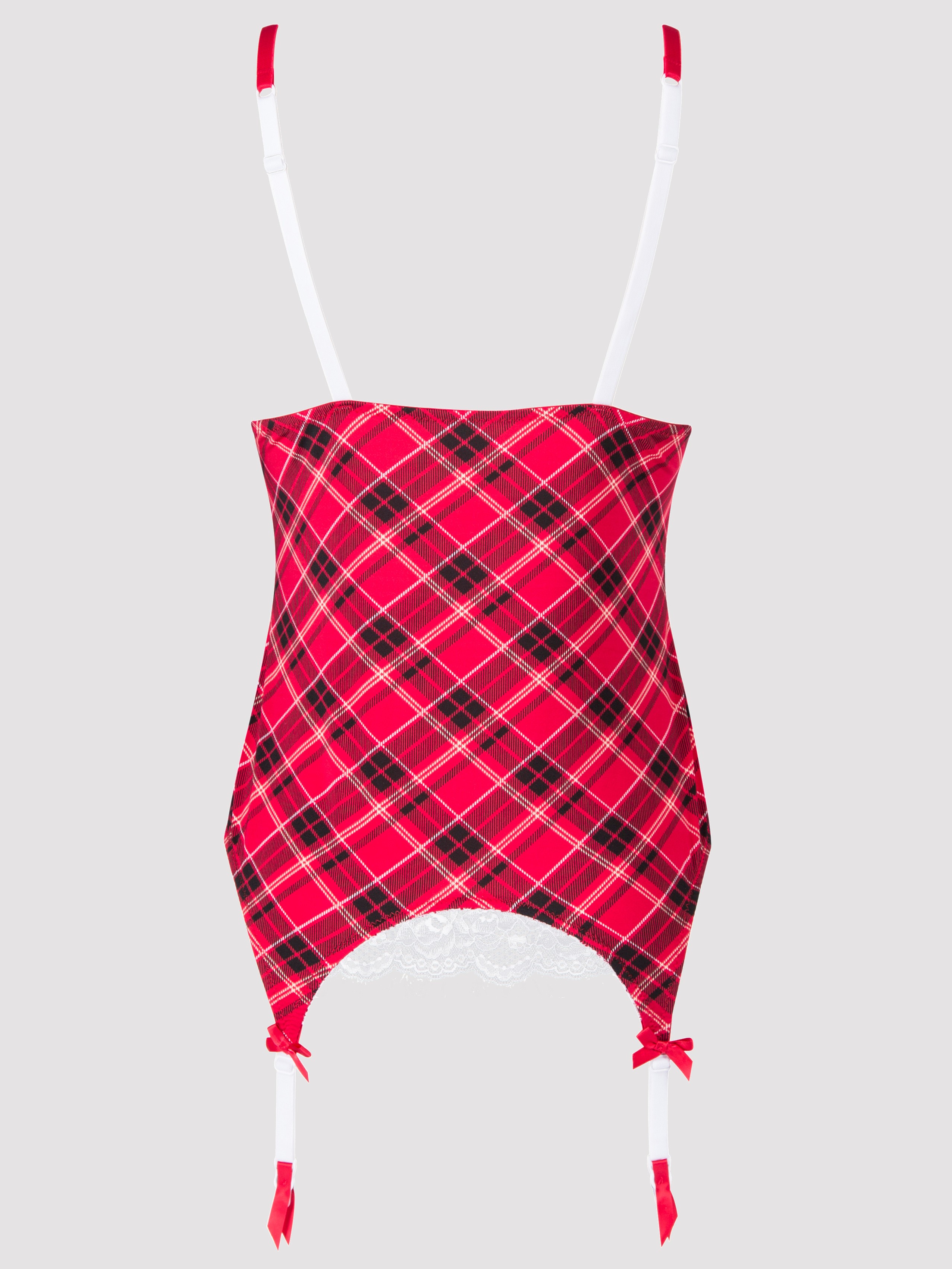 Lovehoney Fantasy Tartan and Lace Bustier Set, Red, vanilla