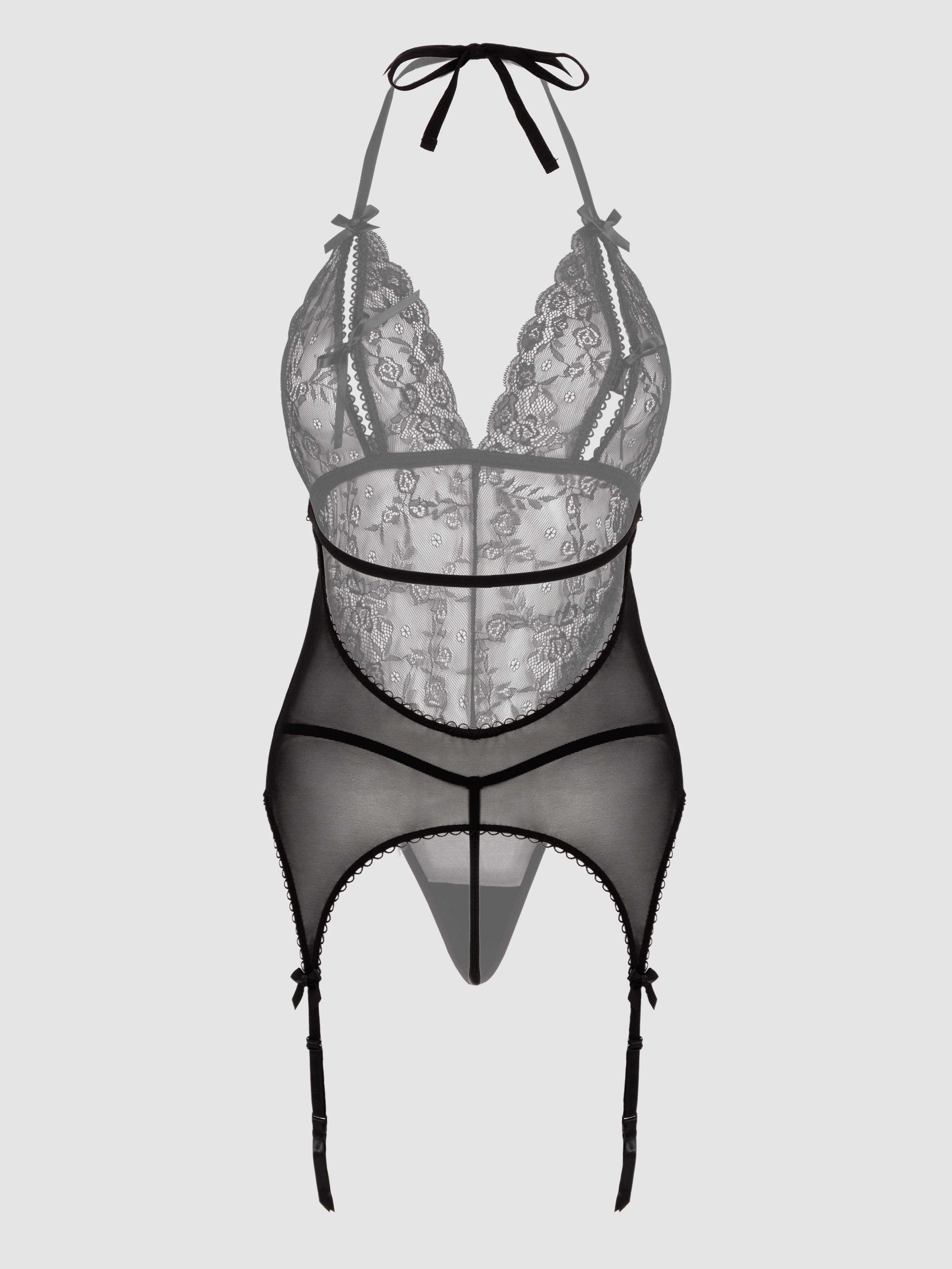 Lovehoney Black Peek-a-Boo Merry Widow Bustier Set , Black, vanilla