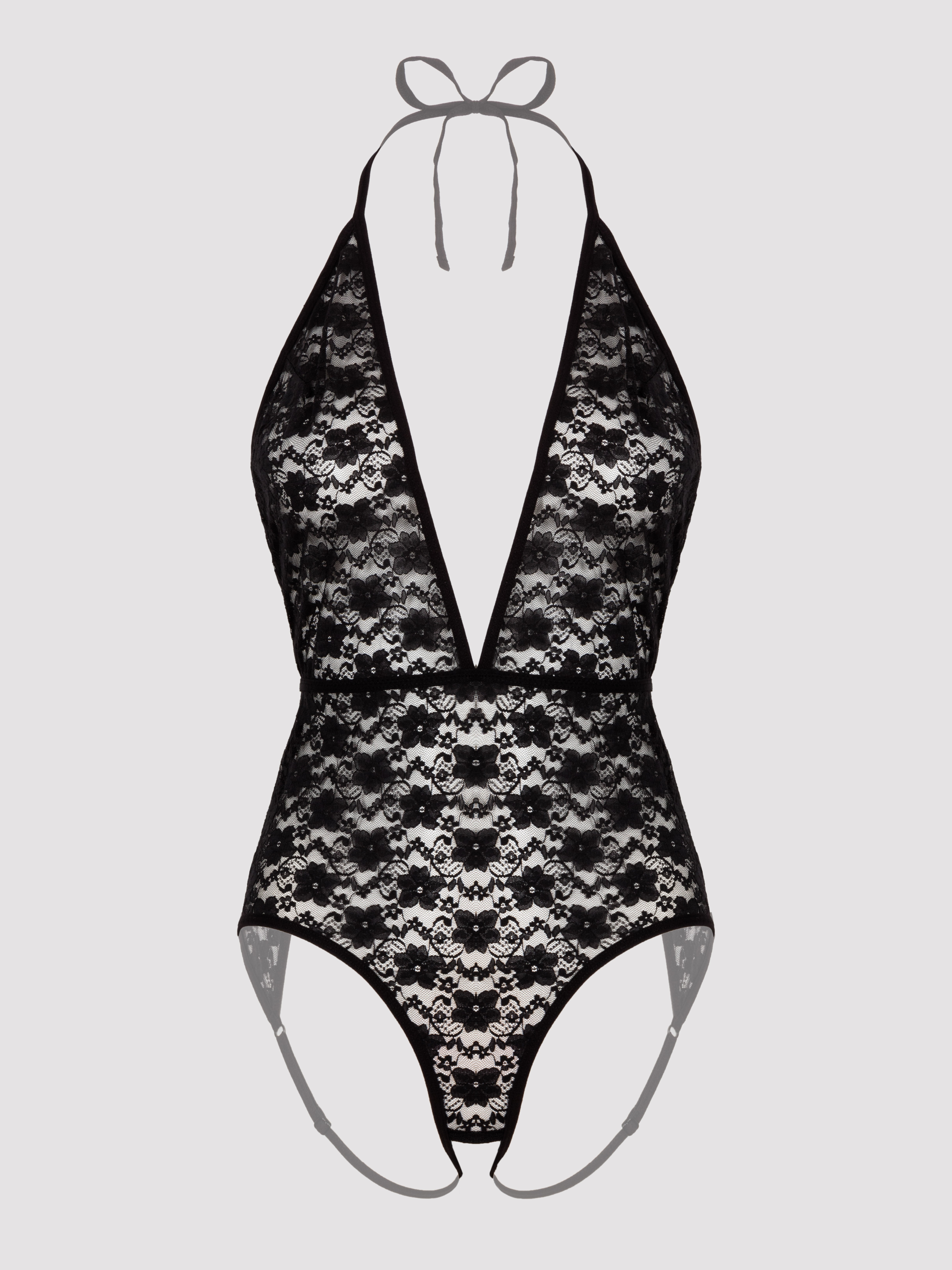 Lovehoney Crotchless Deep Plunge Black Lace Body, Black, vanilla