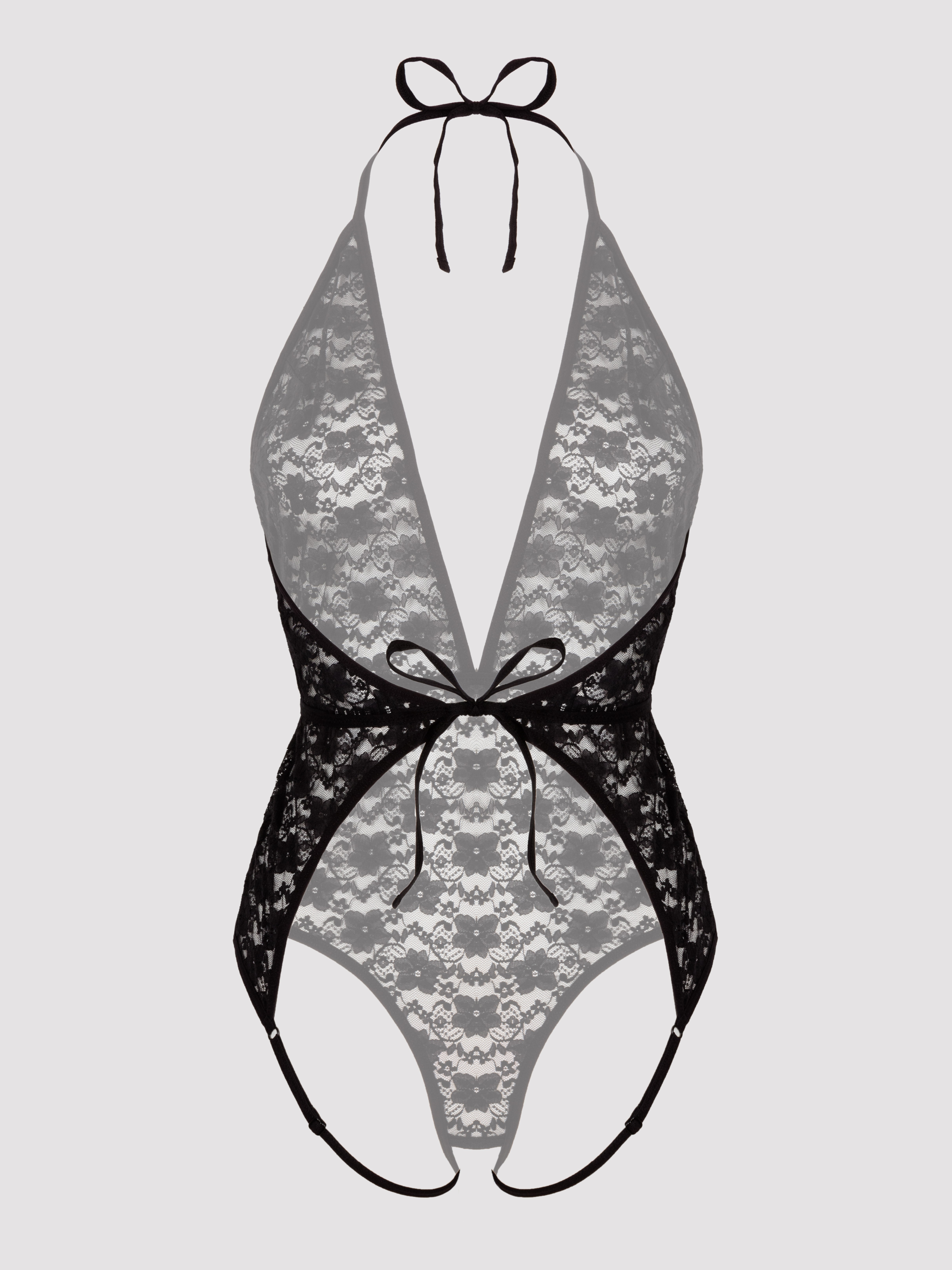 Lovehoney Crotchless Deep Plunge Black Lace Body, Black, vanilla