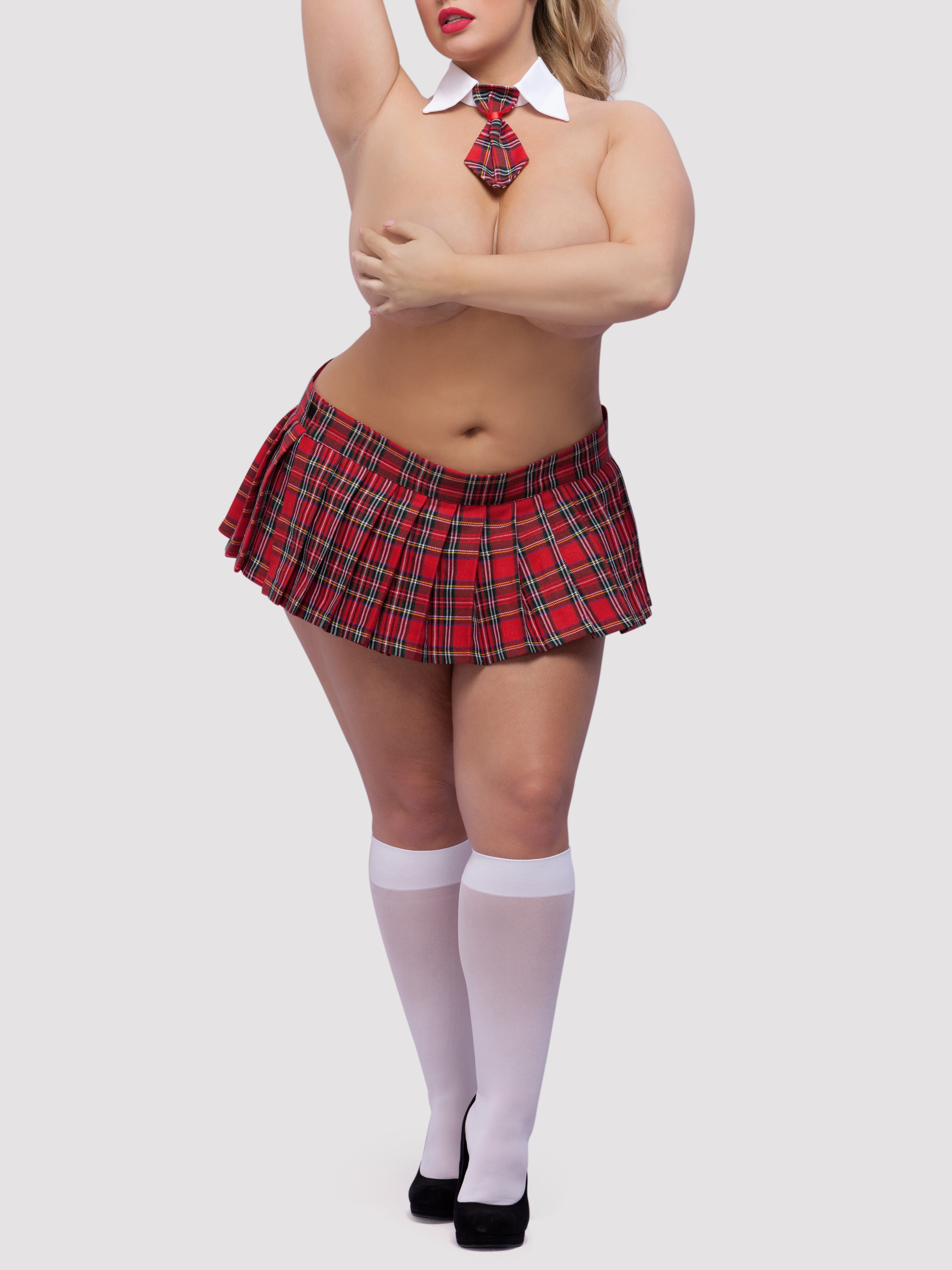 Lovehoney Fantasy Plus Size Tartan Skirt and Tie Set, Red, vanilla