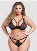 Lovehoney Plus Size Underwired Lace Triangle Bra and Crotchless G-String Set, Black, hi-res