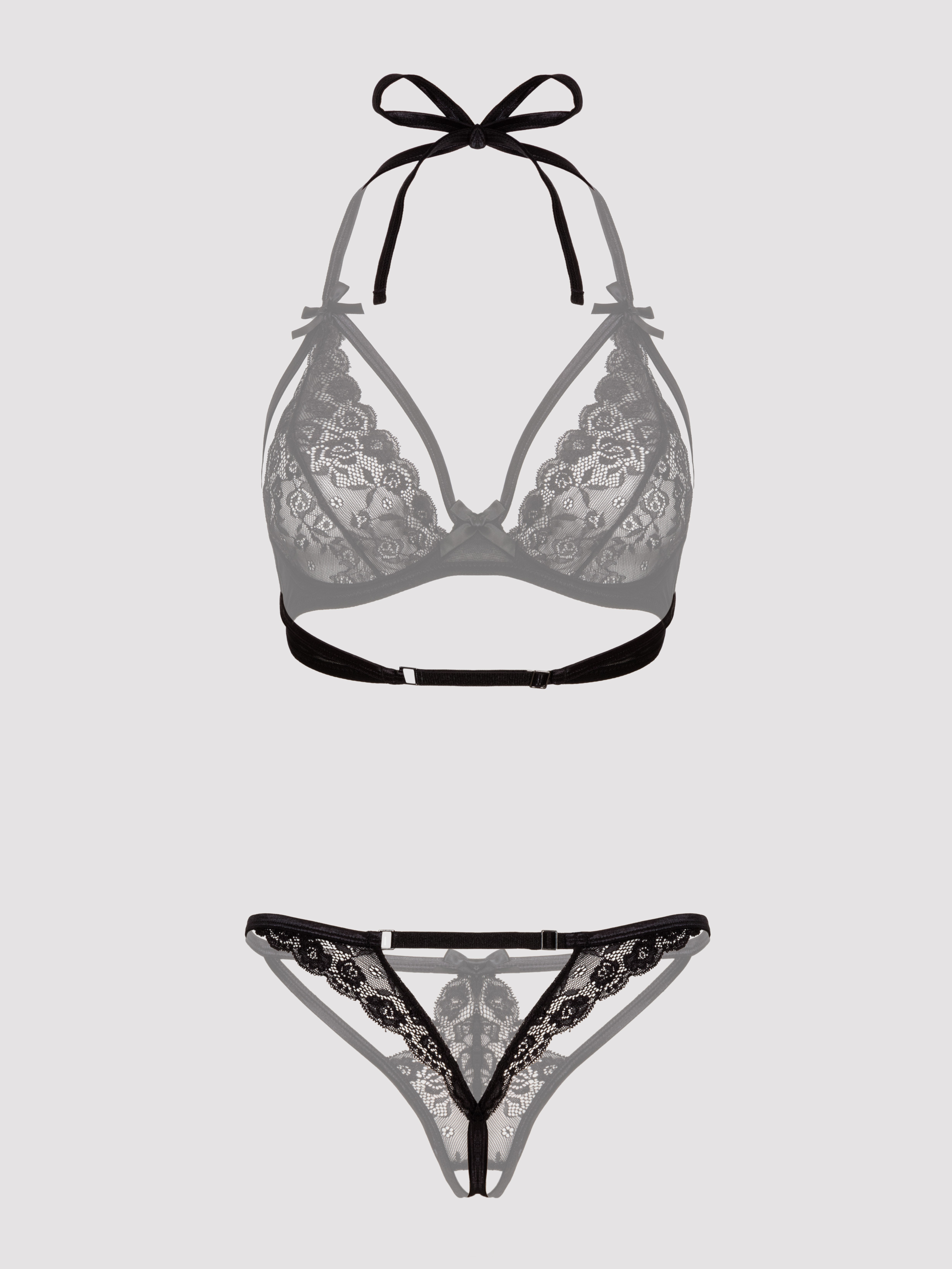 Lovehoney Plus Size Underwired Lace Triangle Bra and Crotchless G-String Set, Black, hi-res