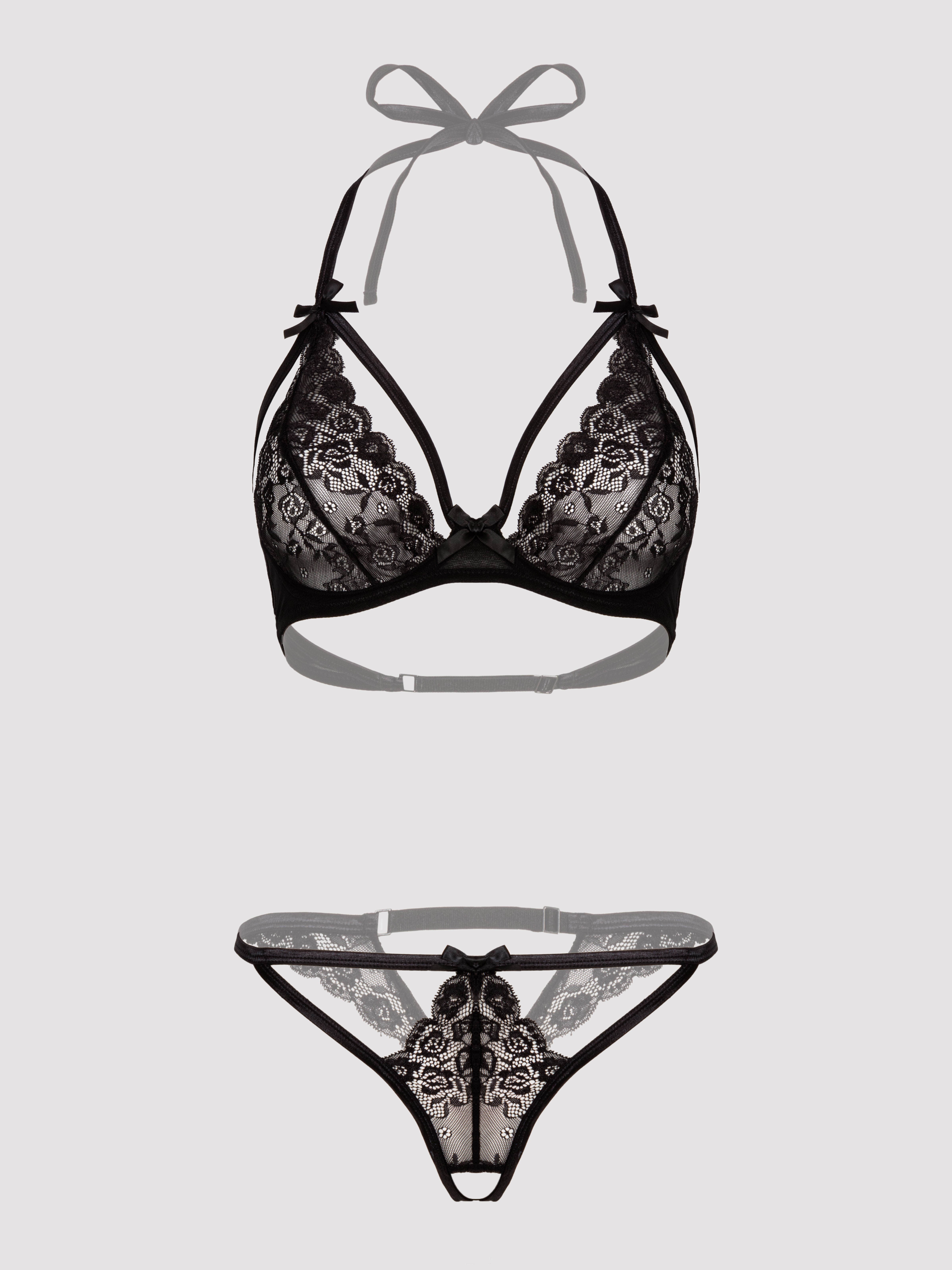 Lovehoney Plus Size Underwired Lace Triangle Bra and Crotchless G-String Set, Black, hi-res