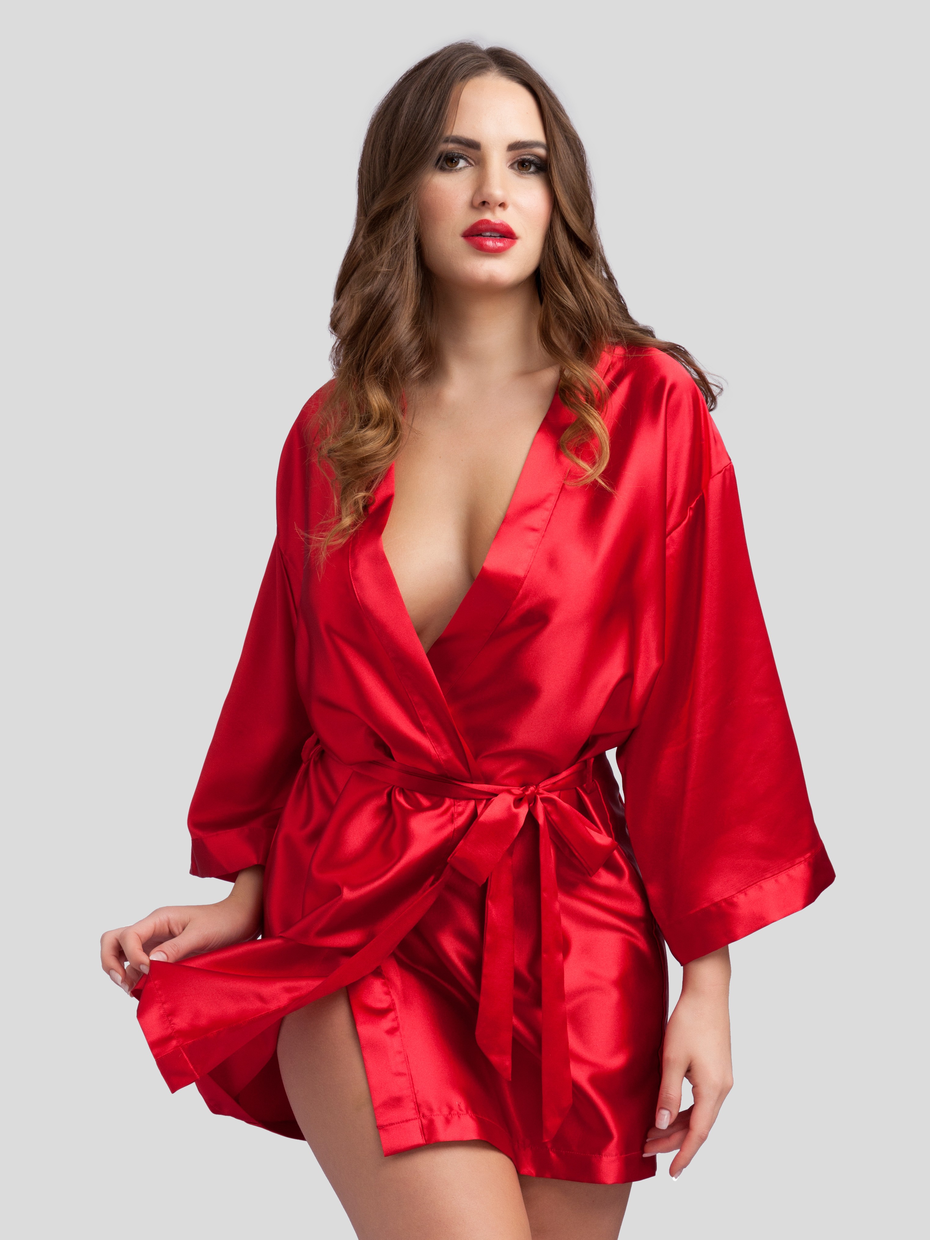 Lovehoney Short Red Satin Robe, Red, hi-res