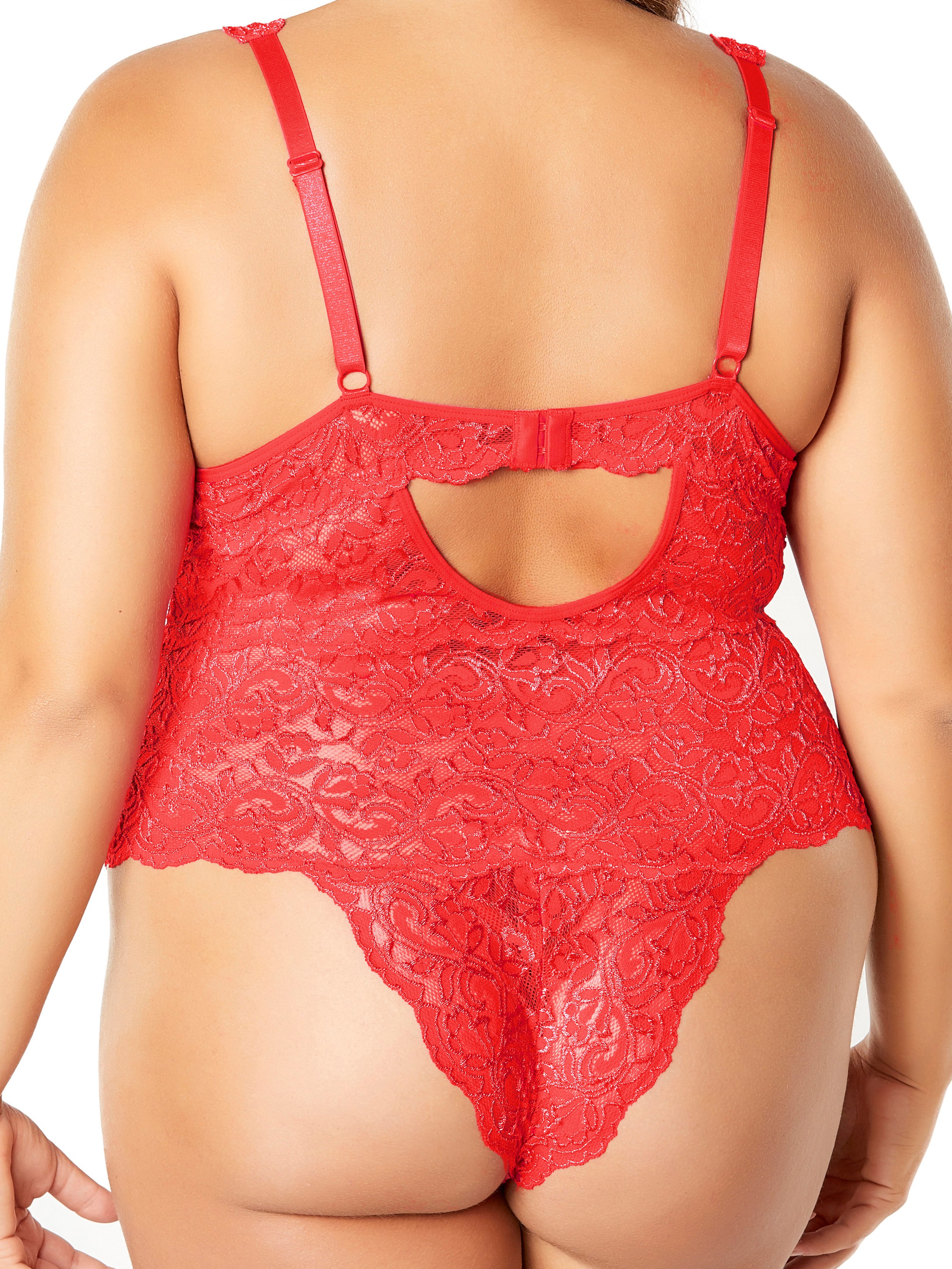 Oh La La Cheri Curves Plus Size Red Lace Teddy, Red, hi-res