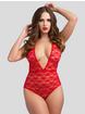 Lovehoney Crotchless Deep Plunge Red Lace Body, Red, hi-res