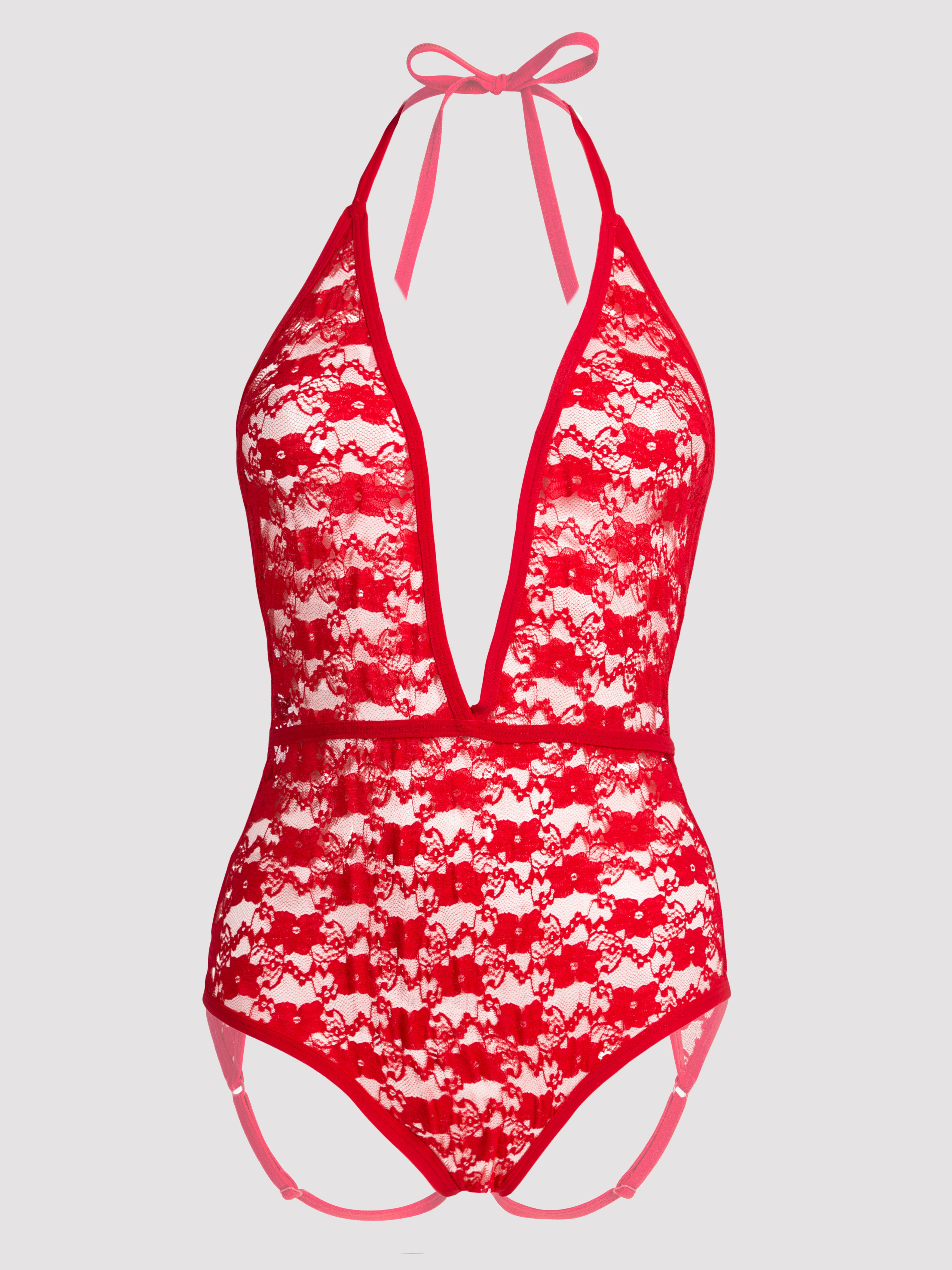 Lovehoney Crotchless Deep Plunge Red Lace Teddy, Red, hi-res