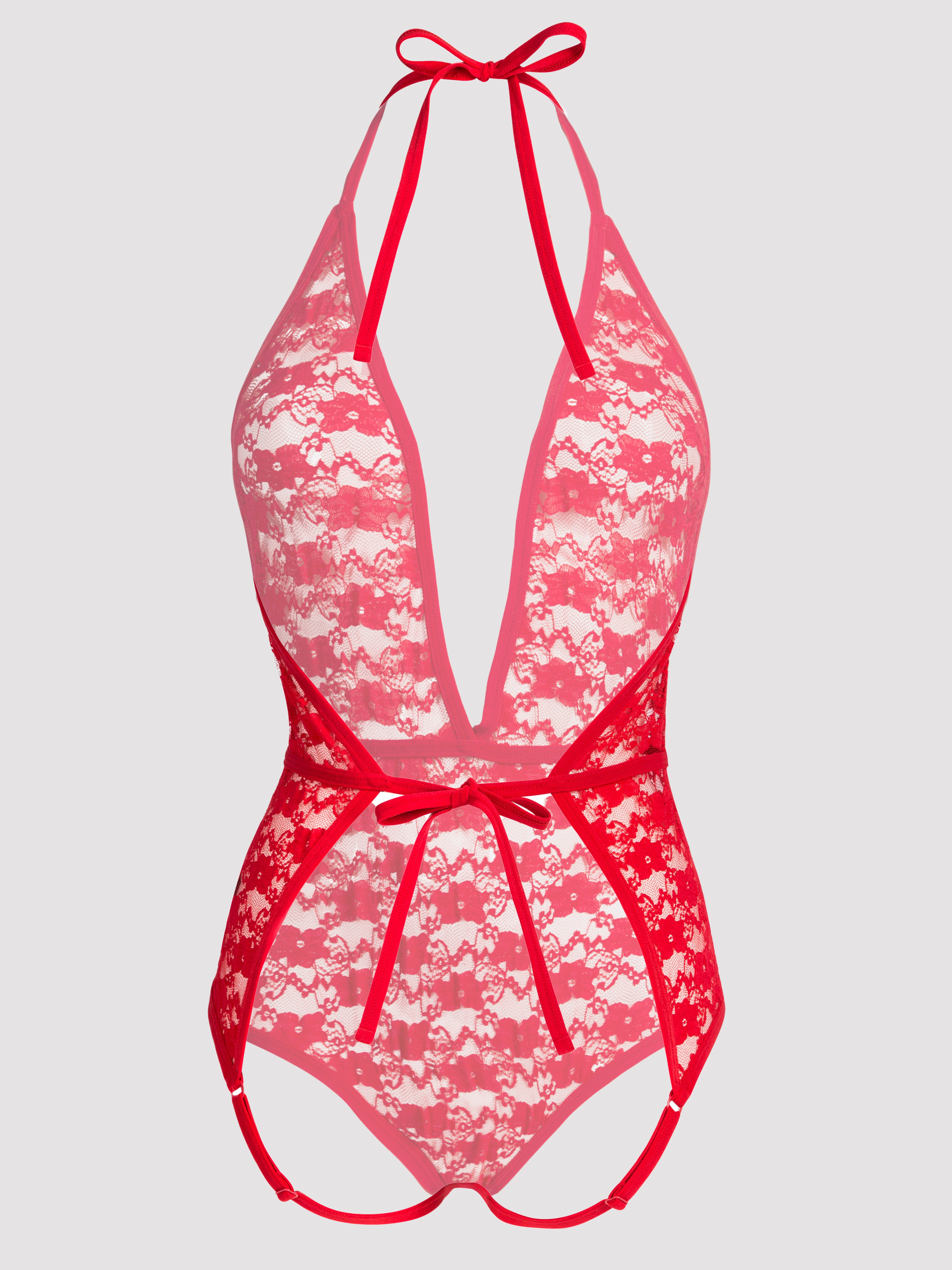 Lovehoney Crotchless Deep Plunge Red Lace Teddy, Red, hi-res