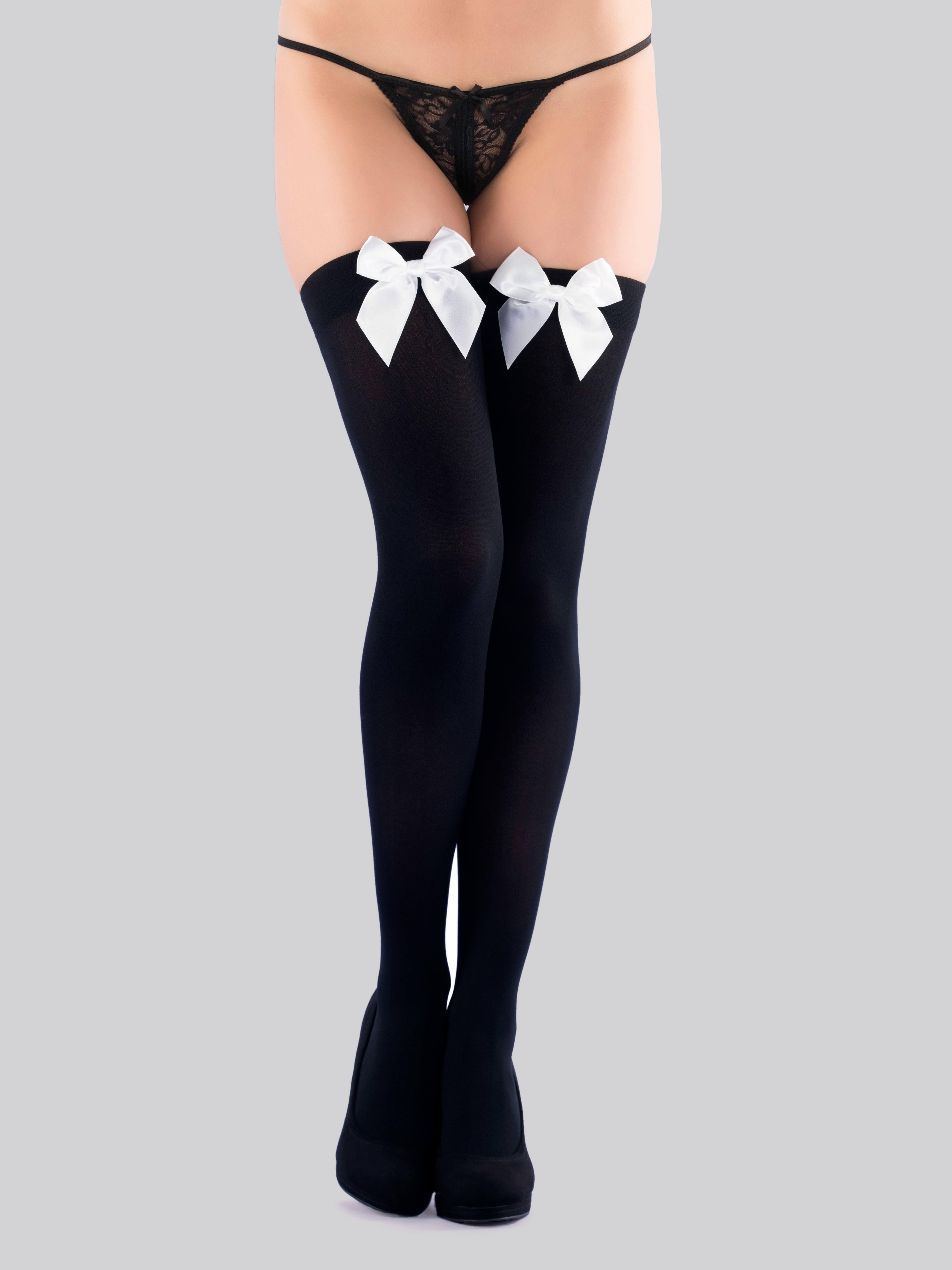 Lovehoney Opaque Black Stockings with Black Bows, Black, hi-res
