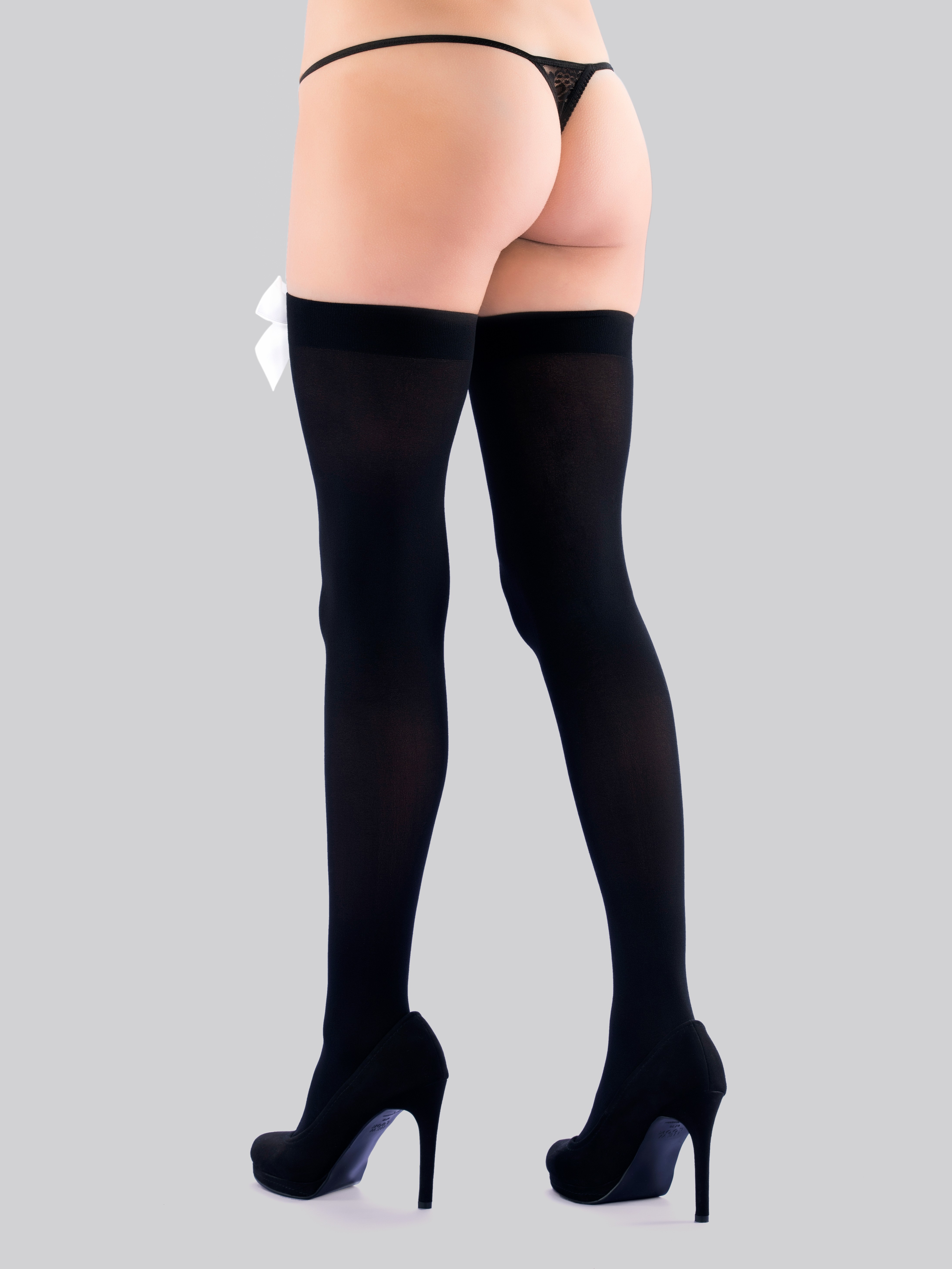 Lovehoney Opaque Black Stockings with Black Bows, Black, hi-res