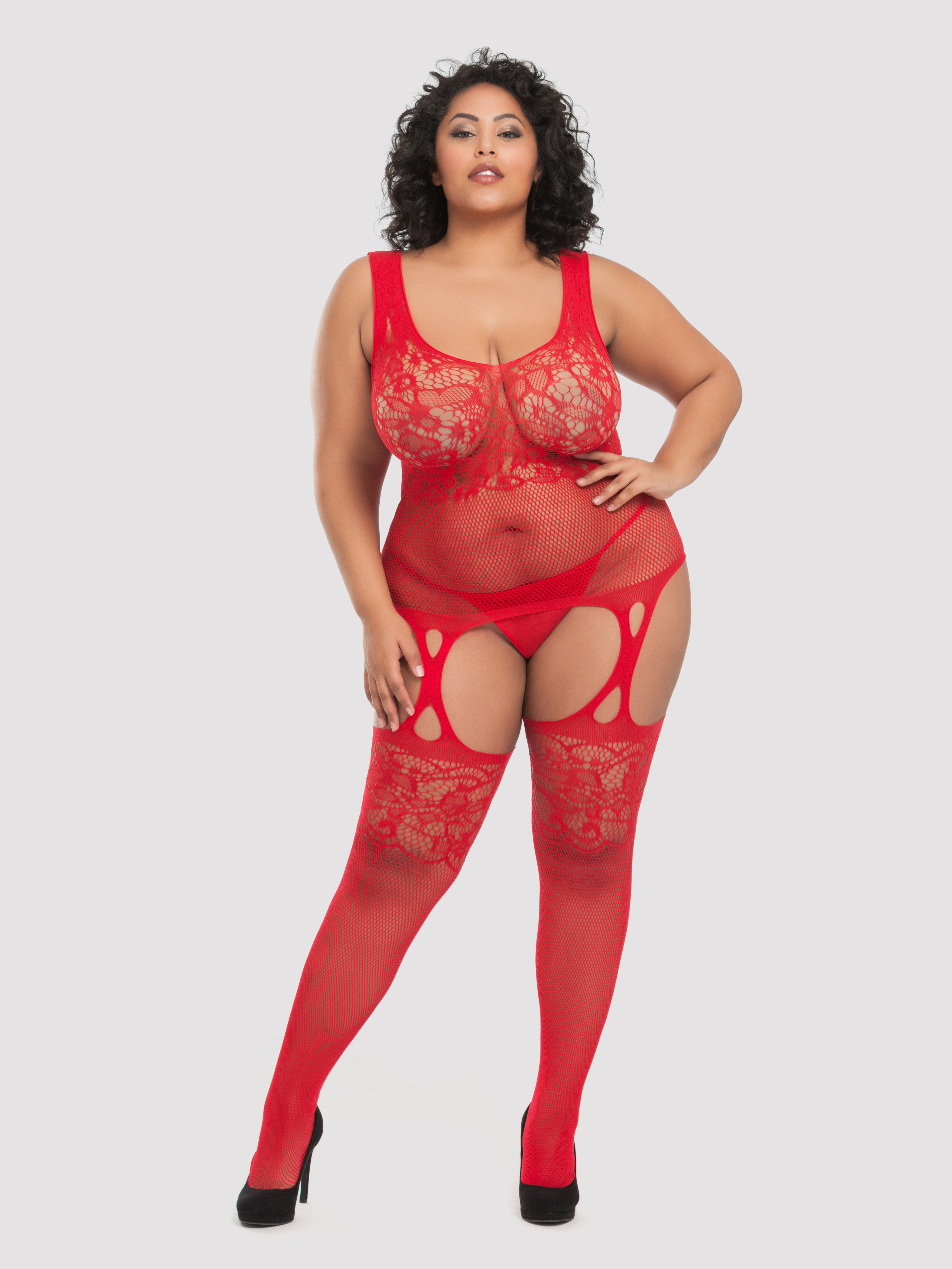 Lovehoney Plus Size Red Lace and Fishnet Garter Bodystocking, Red, hi-res