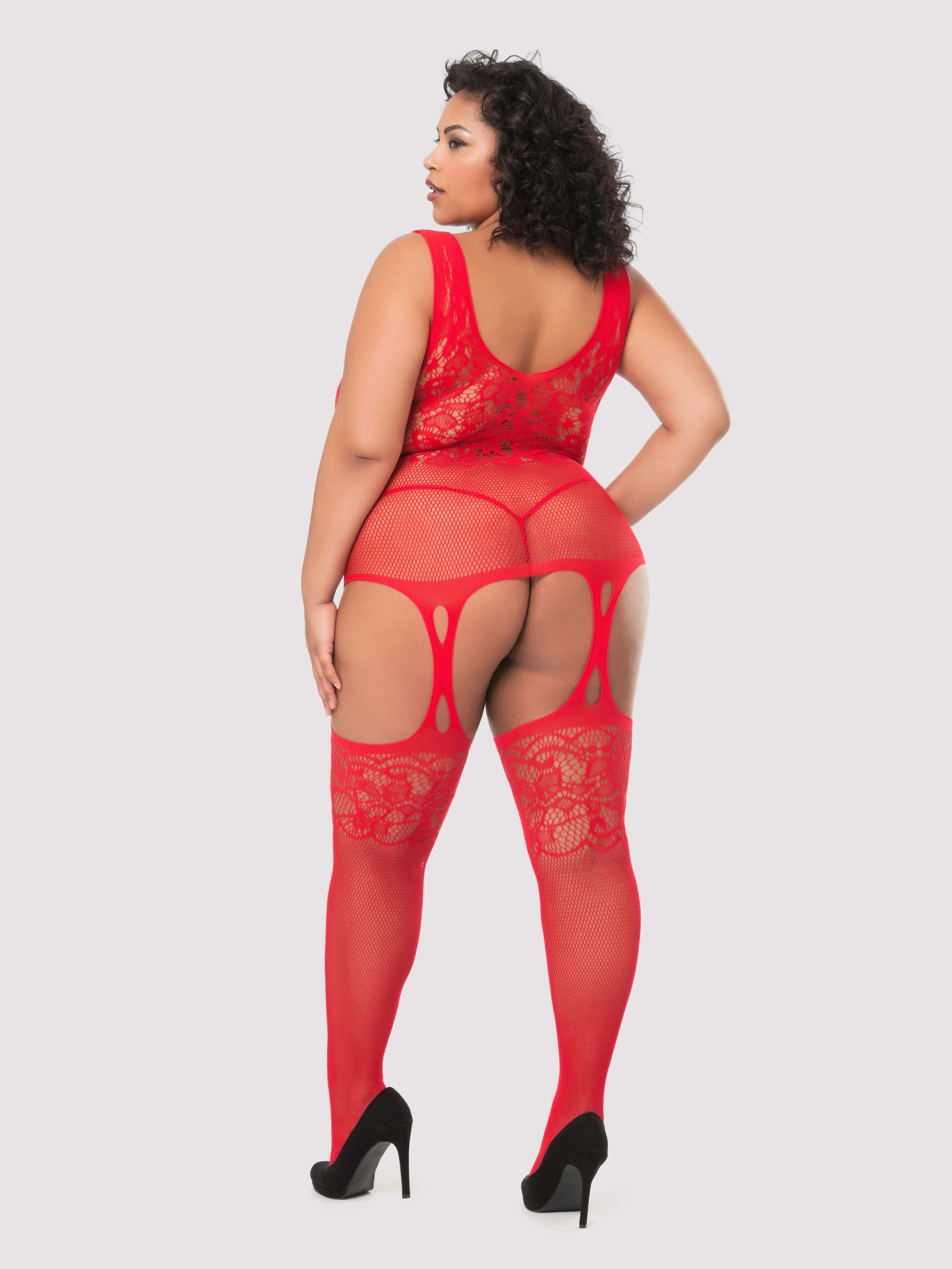 Lovehoney Plus Size Red Lace and Fishnet Garter Bodystocking, Red, hi-res