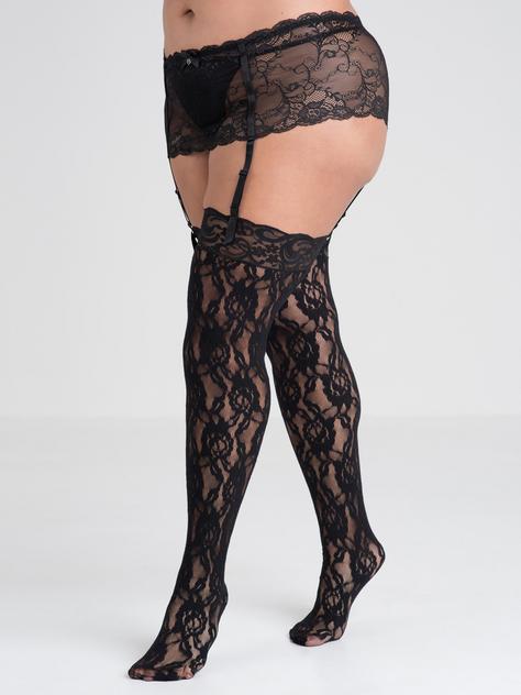 Lovehoney Plus Size Rose-Patterned Lace Stockings, Black, hi-res