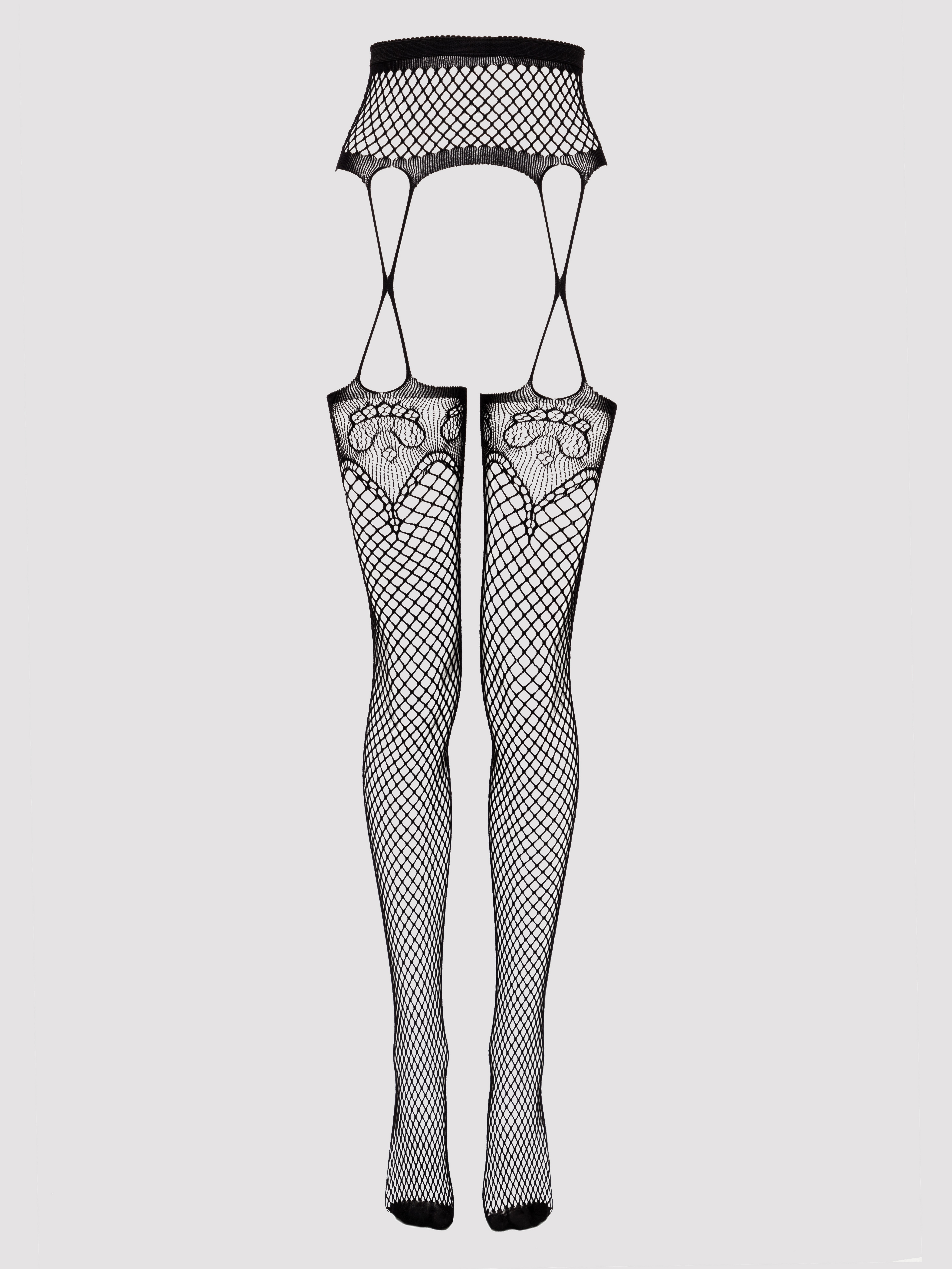 Lovehoney Patterned Fishnet Suspender Tights, Black, vanilla