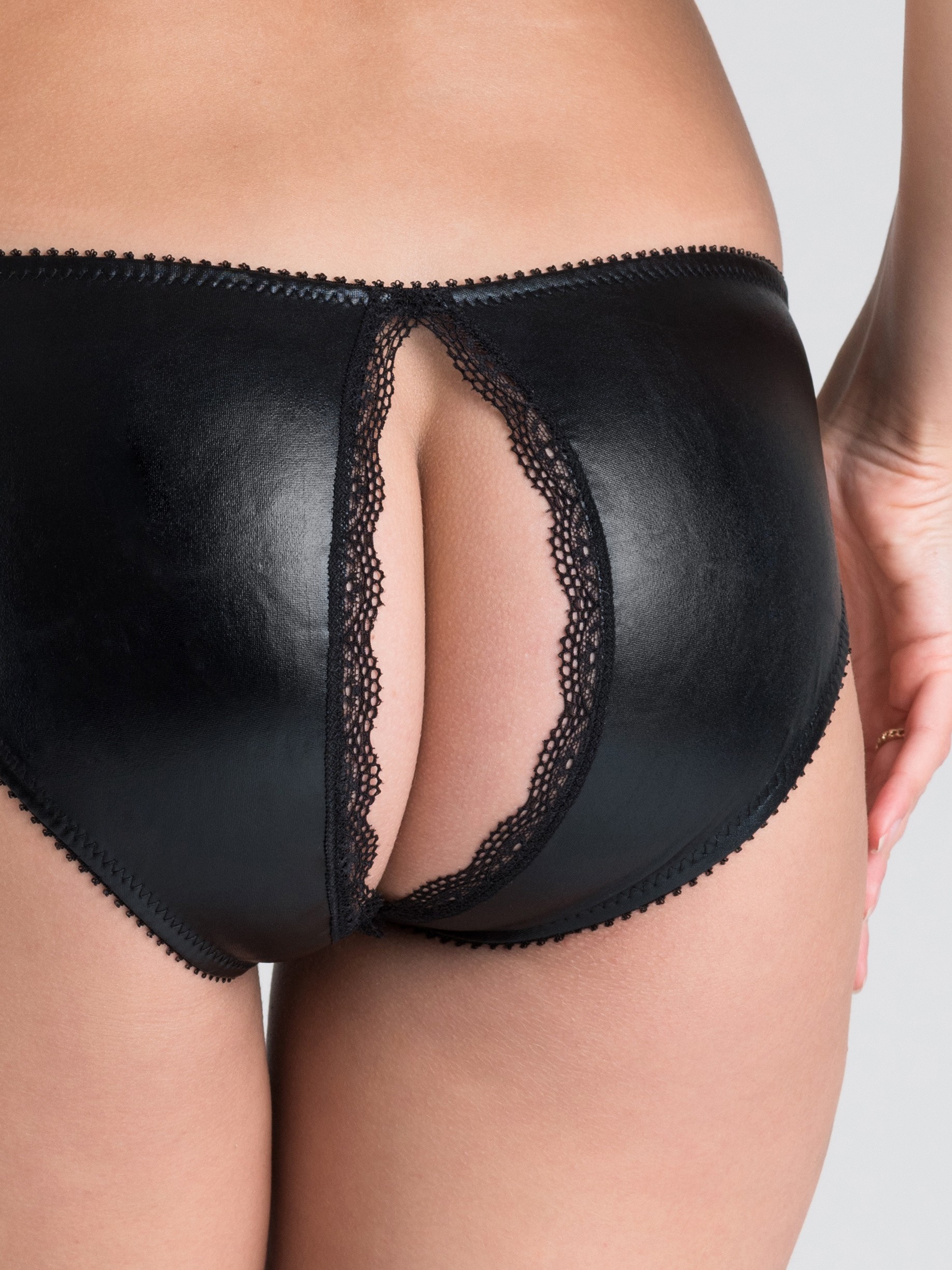 Lovehoney Wet Look Open Back Briefs, Black, hi-res