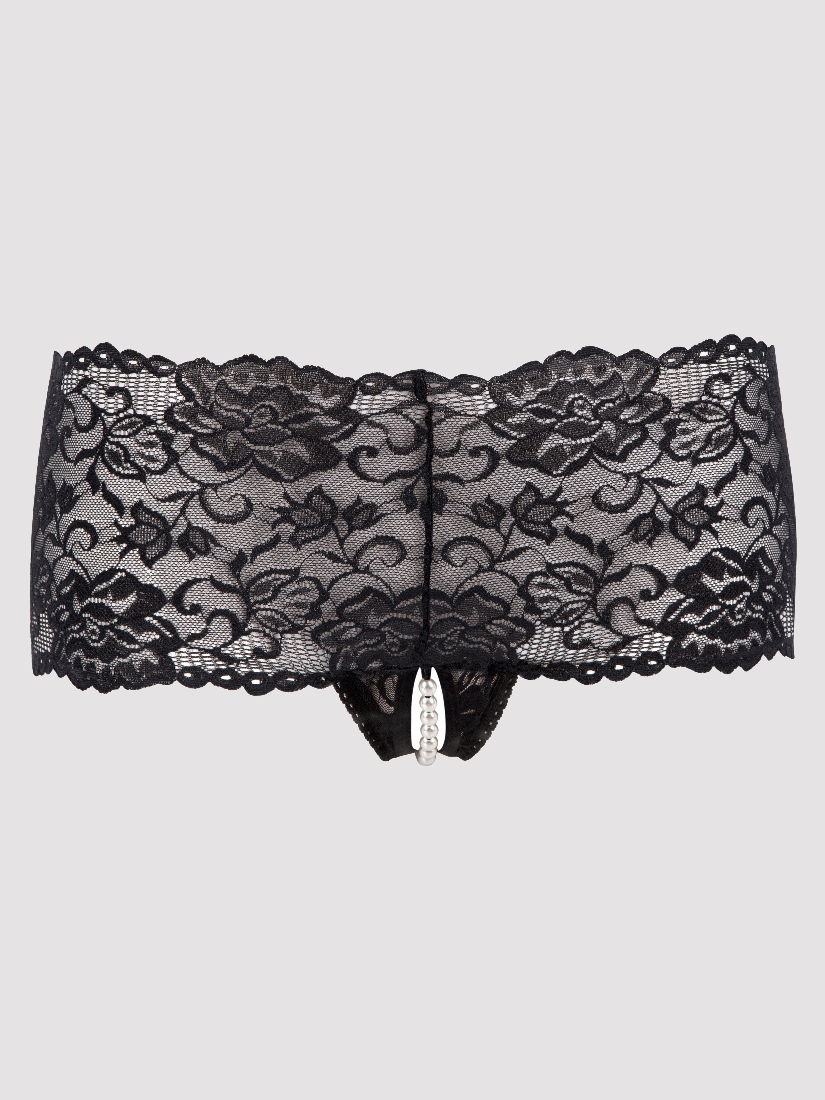 Lovehoney Black Crotchless Pearl Shorts, Black, hi-res