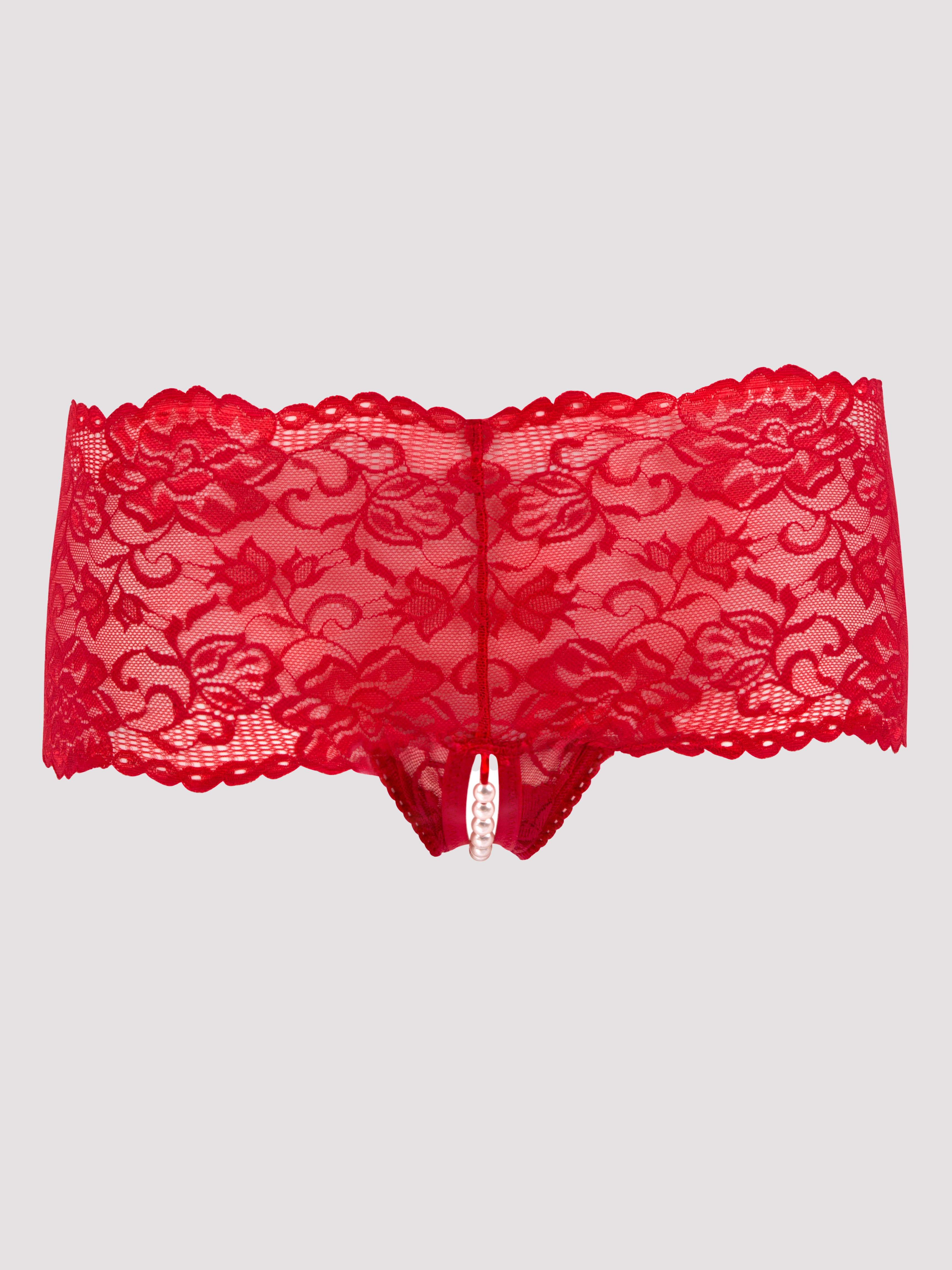 Lovehoney Black Crotchless Pearl Shorts, Red, vanilla
