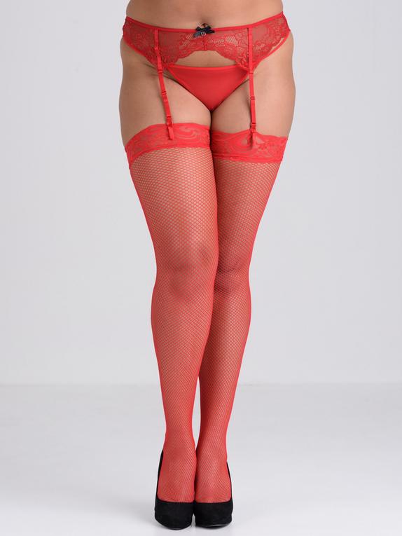 Lovehoney Black Fishnet Lace Top Thigh High Stockings, Red, hi-res