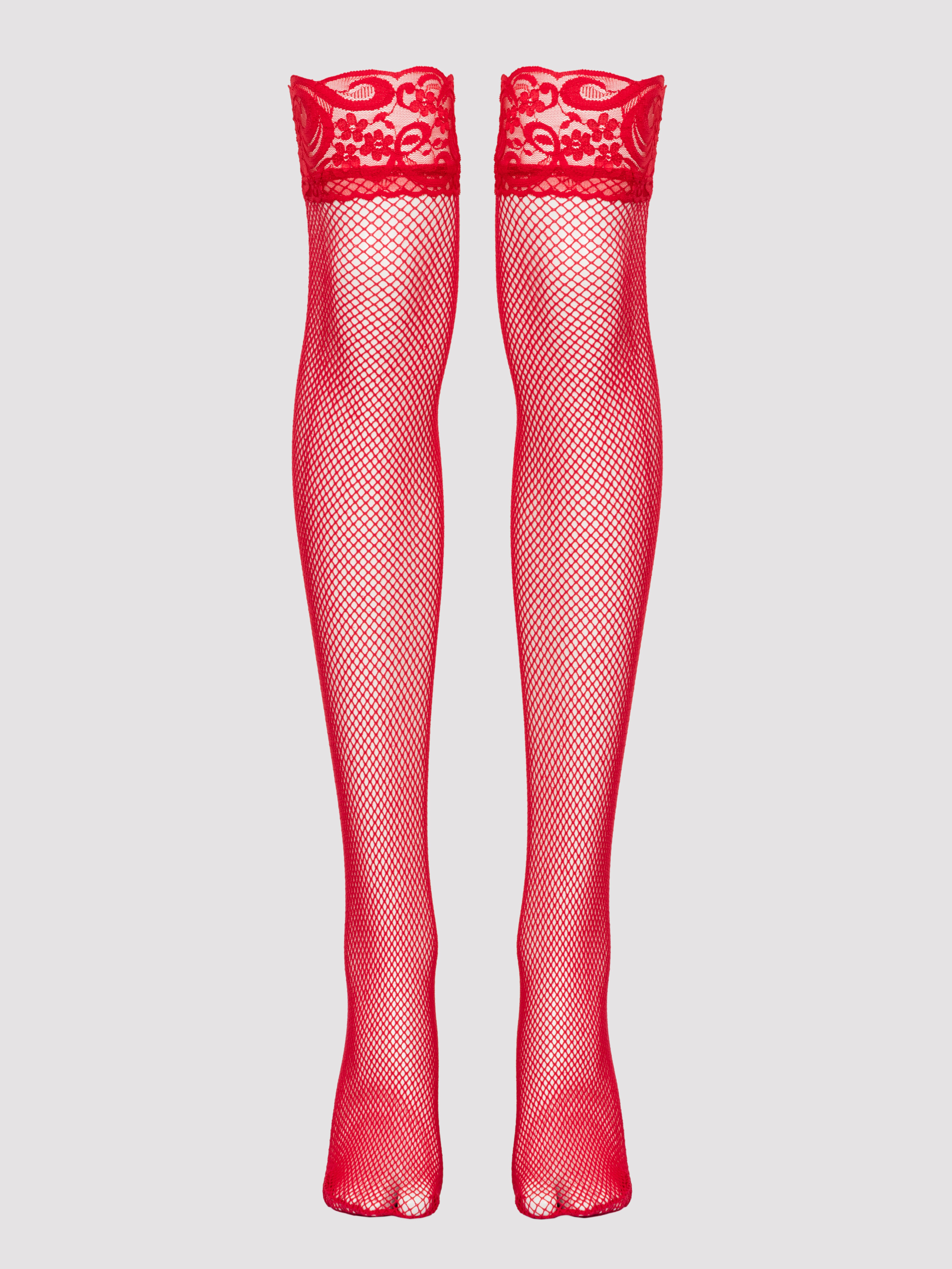 Lovehoney Black Fishnet Lace Top Thigh High Stockings, Red, hi-res