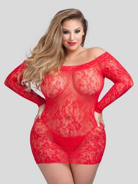 Mini robe manches longues dentelle grande taille rouge, Lovehoney