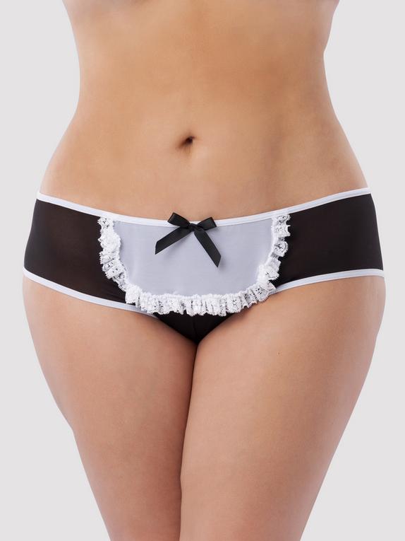 Lovehoney Fantasy Plus Size Crotchless Ruffle Back French Maid Knickers, Black, hi-res