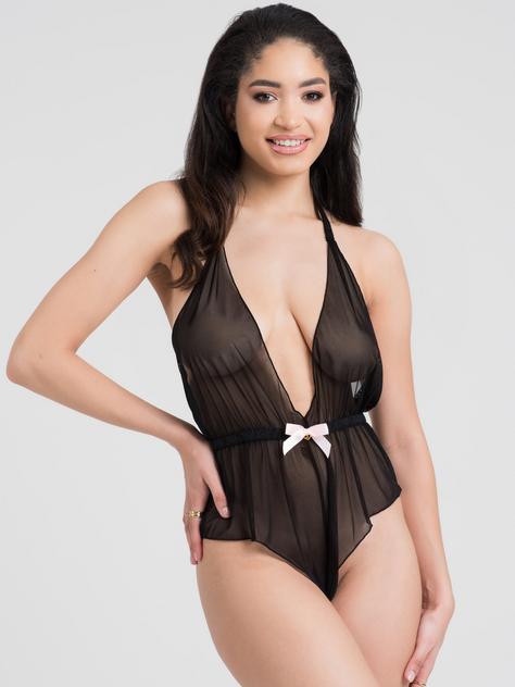 Lovehoney Barely There Sheer Crotchless Teddy, Black, hi-res