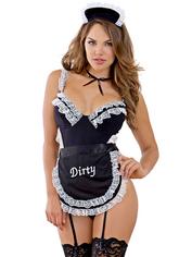 Dreamgirl Crotchless French Maid Costume with Garter Apron, Black, hi-res