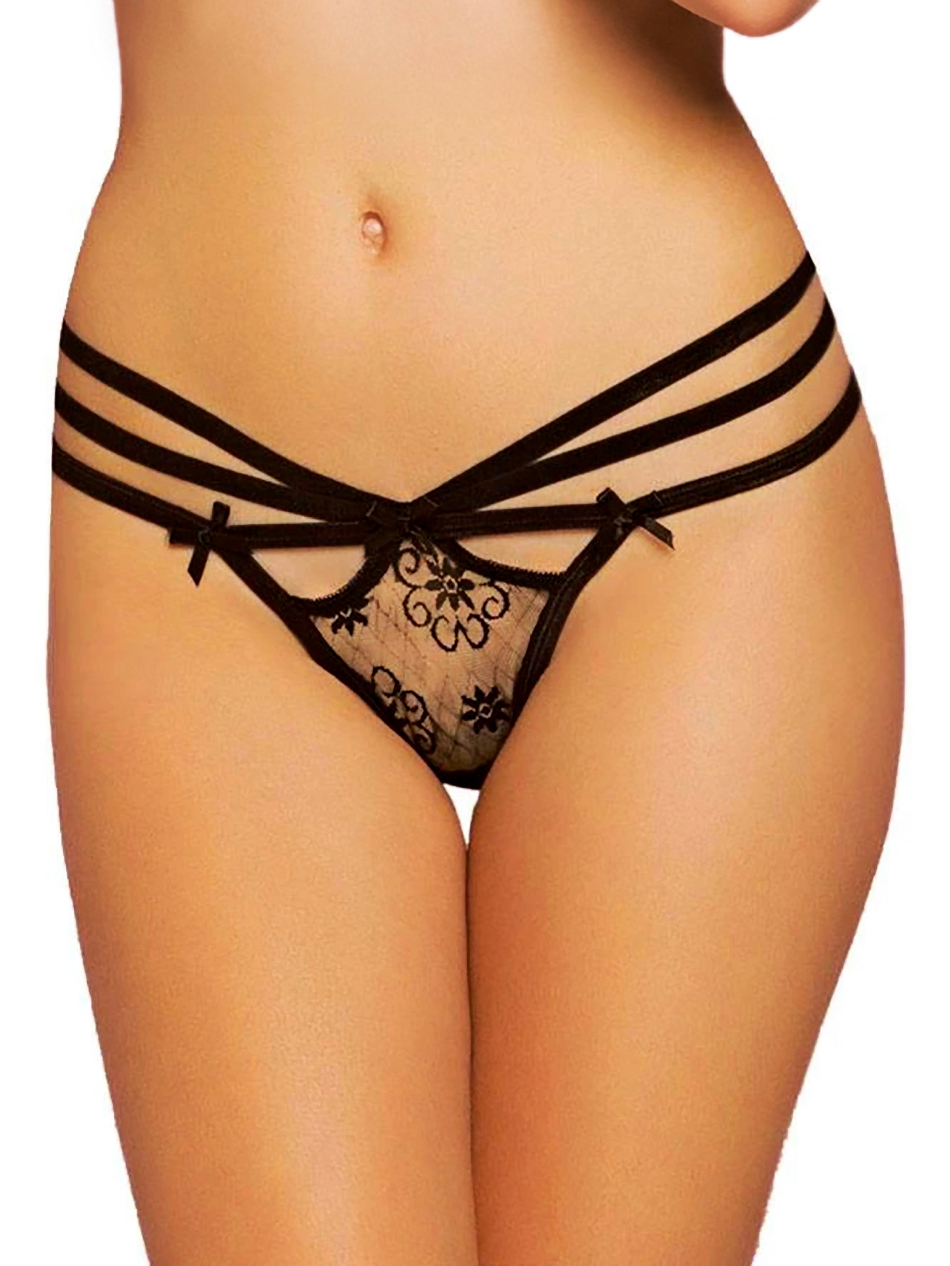 Seven 'til Midnight Black Lace Strappy Thong, Black, hi-res