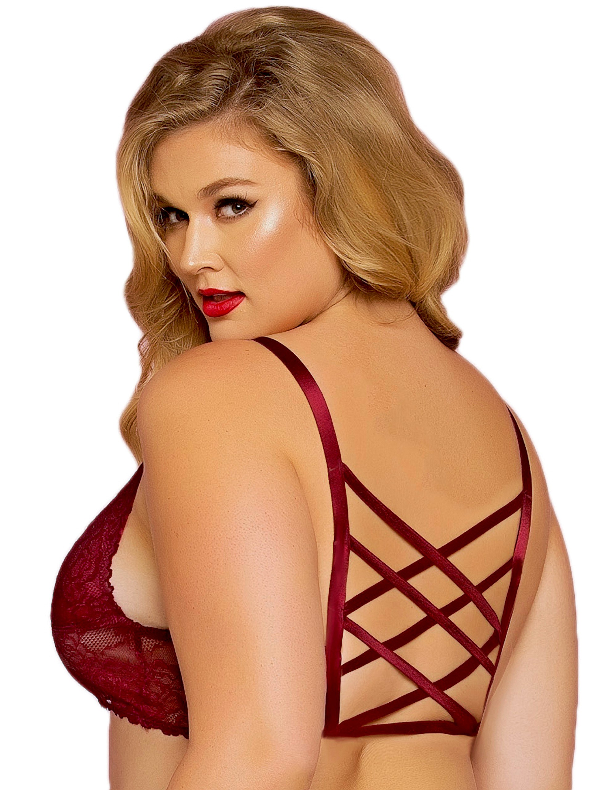 Seven 'til Midnight Plus Size Black Lace Longline Strappy Bralette, Red, hi-res