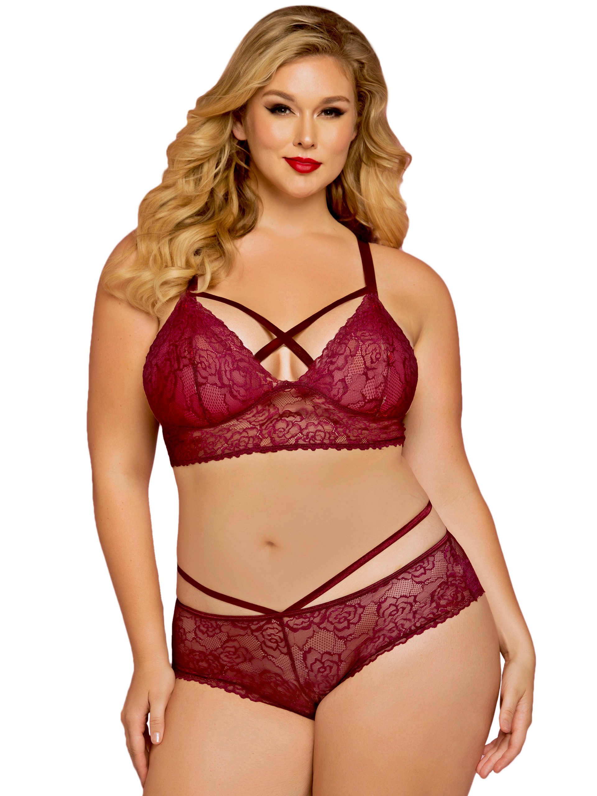 Seven 'til Midnight Plus Size Black Lace Longline Strappy Bralette, Red, hi-res
