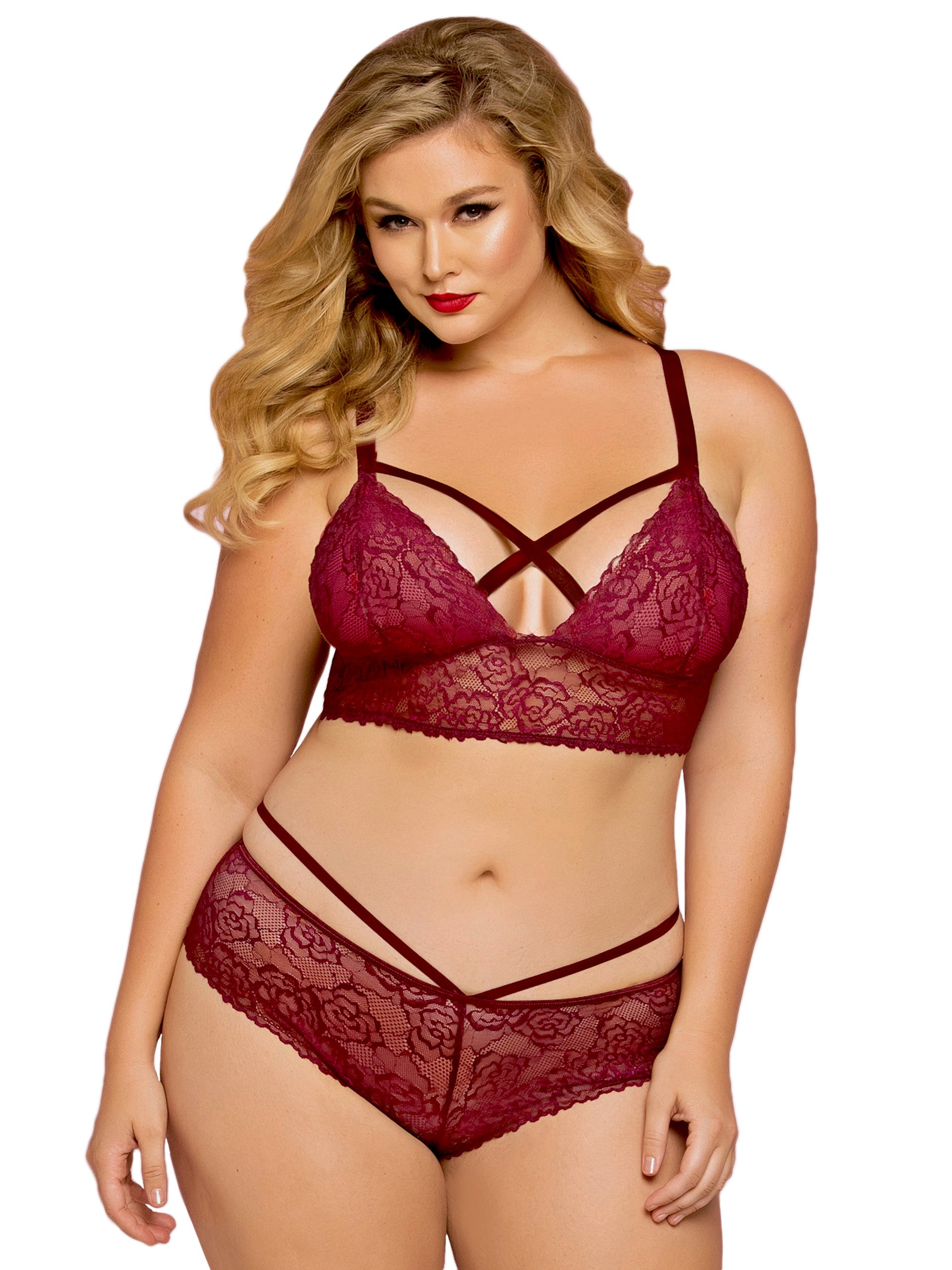 Seven 'til Midnight Plus Size Black Lace Longline Strappy Bralette, Red, hi-res
