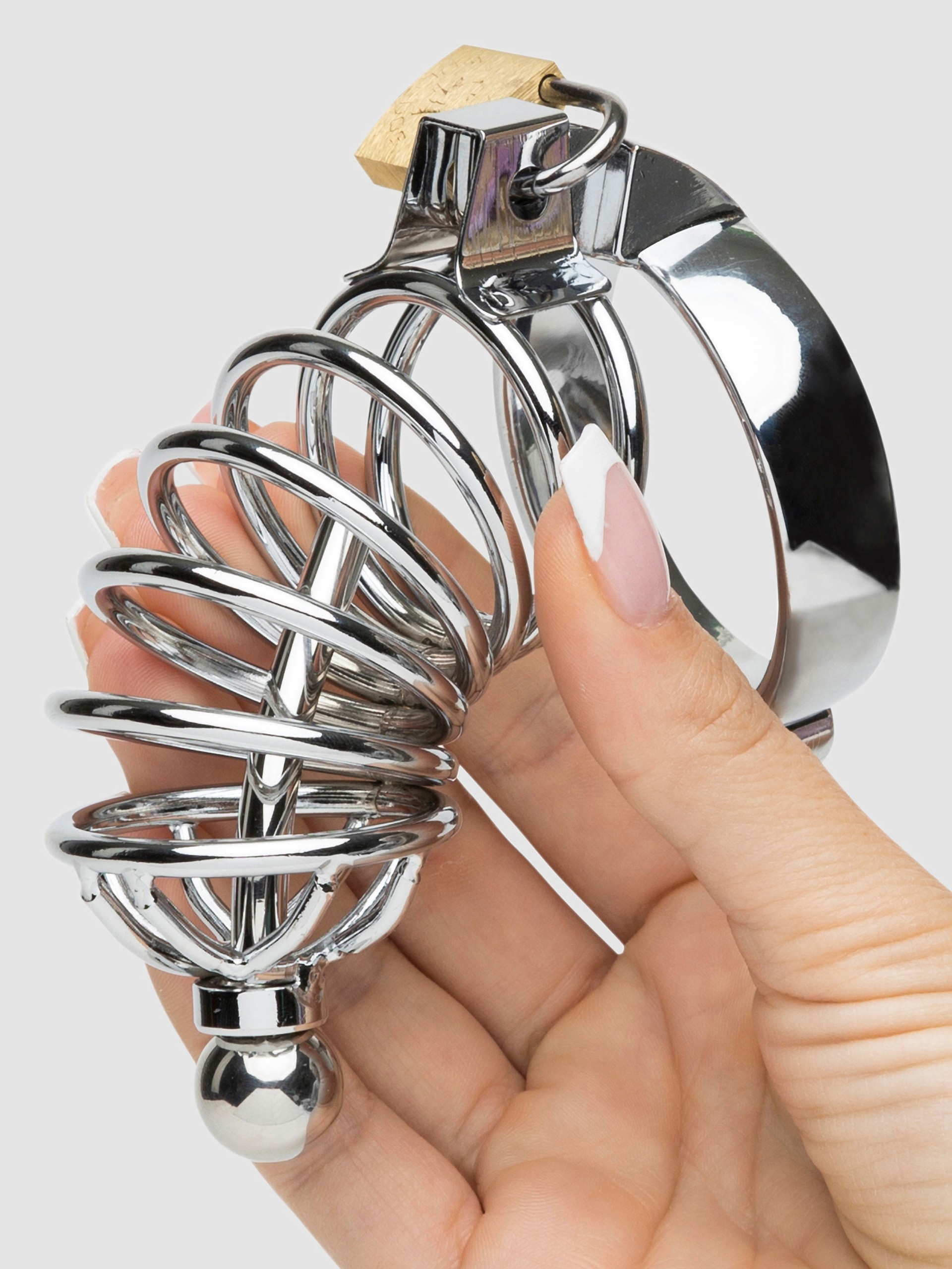 Impound Corkscrew Male Chastity Cage with Urethral Sound, Silver, hi-res