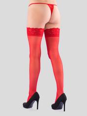 Lovehoney Sheer Lace Top Hold-Ups, Red, hi-res