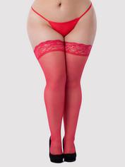Lovehoney Sheer Lace Top Hold Ups, Red, hi-res