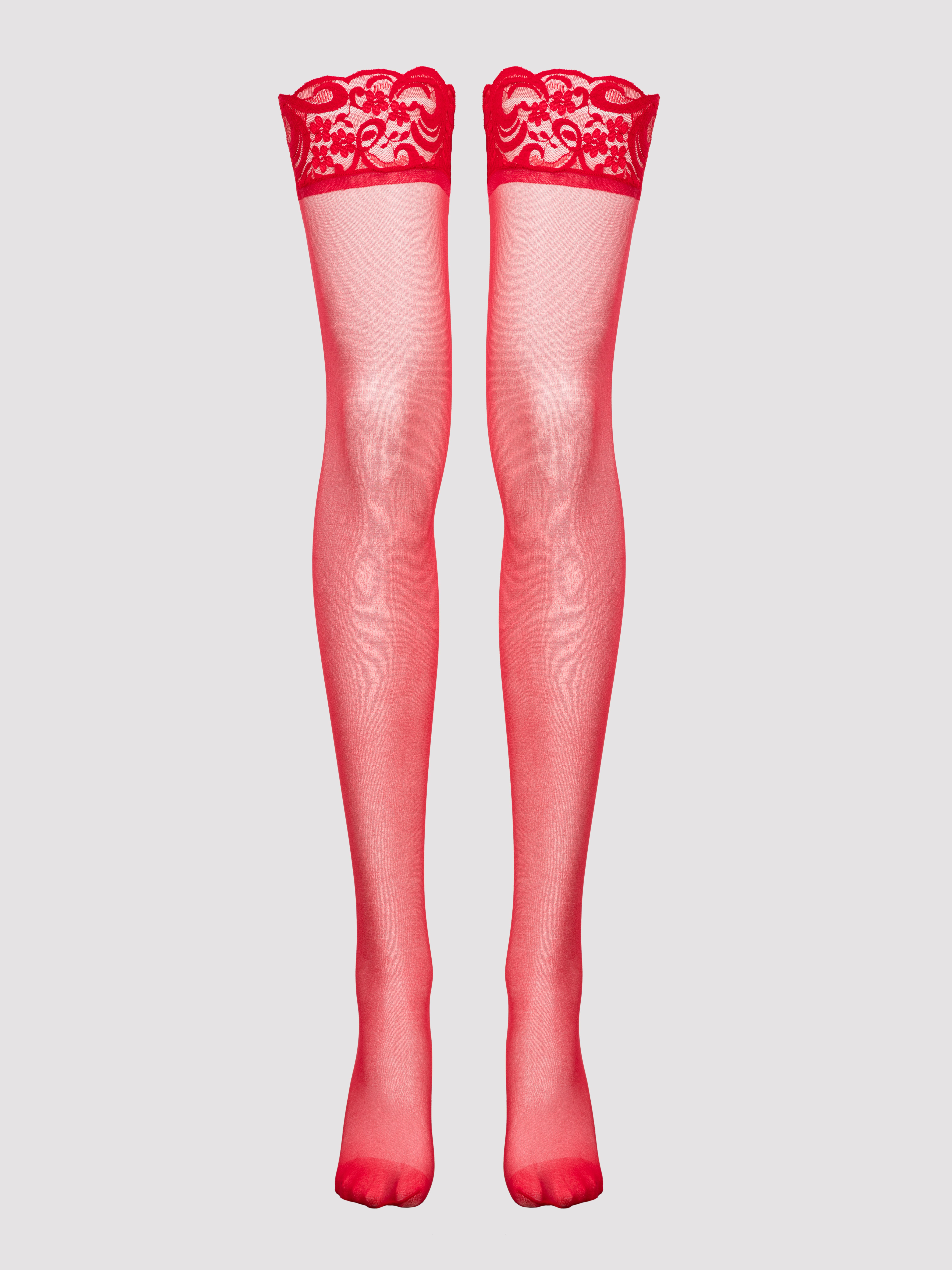 Lovehoney Sheer Lace Top Hold-Ups, Red, vanilla