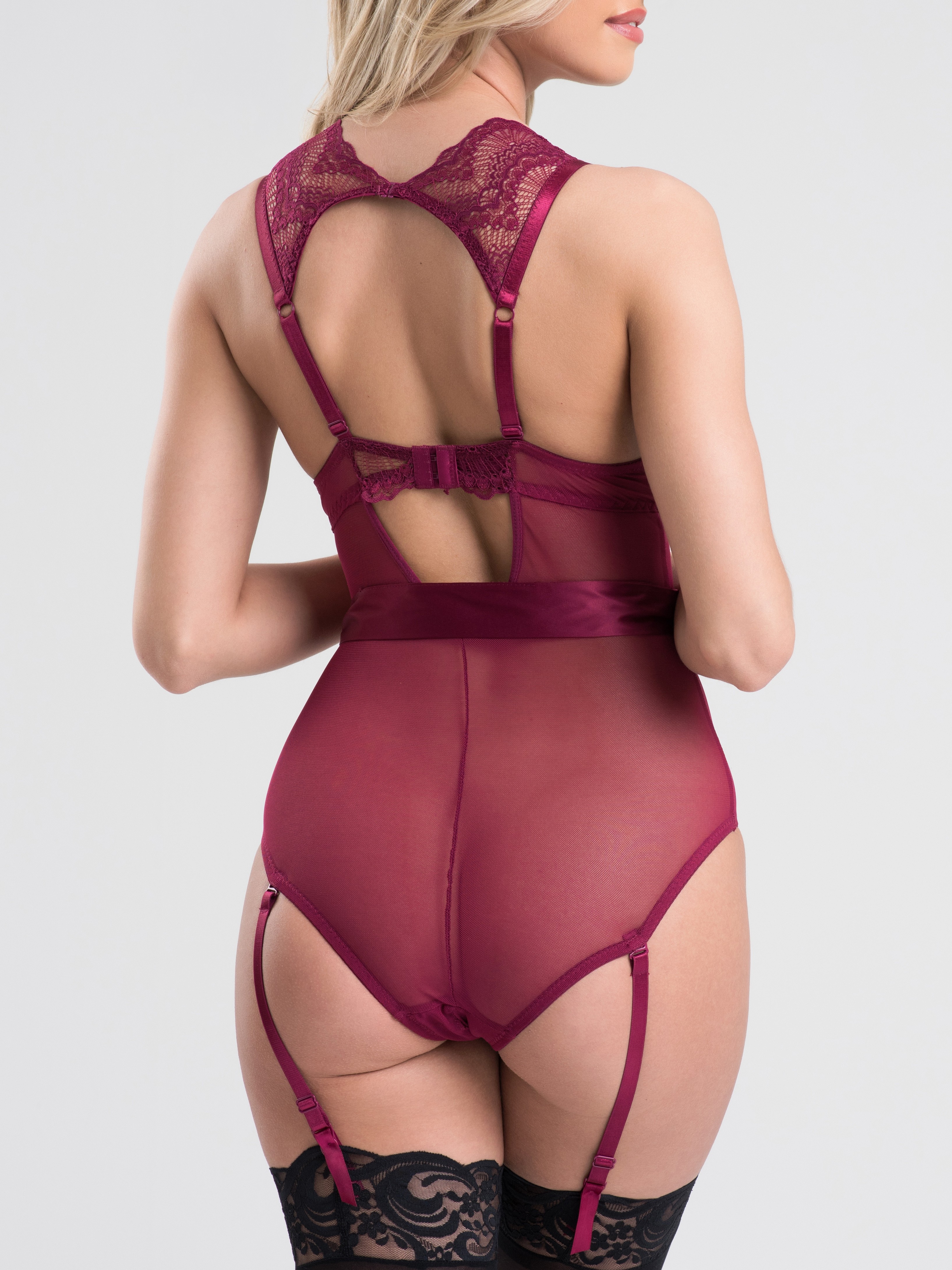 Lovehoney Moonlight Wine Crotchless Plunge Teddy, Red, hi-res