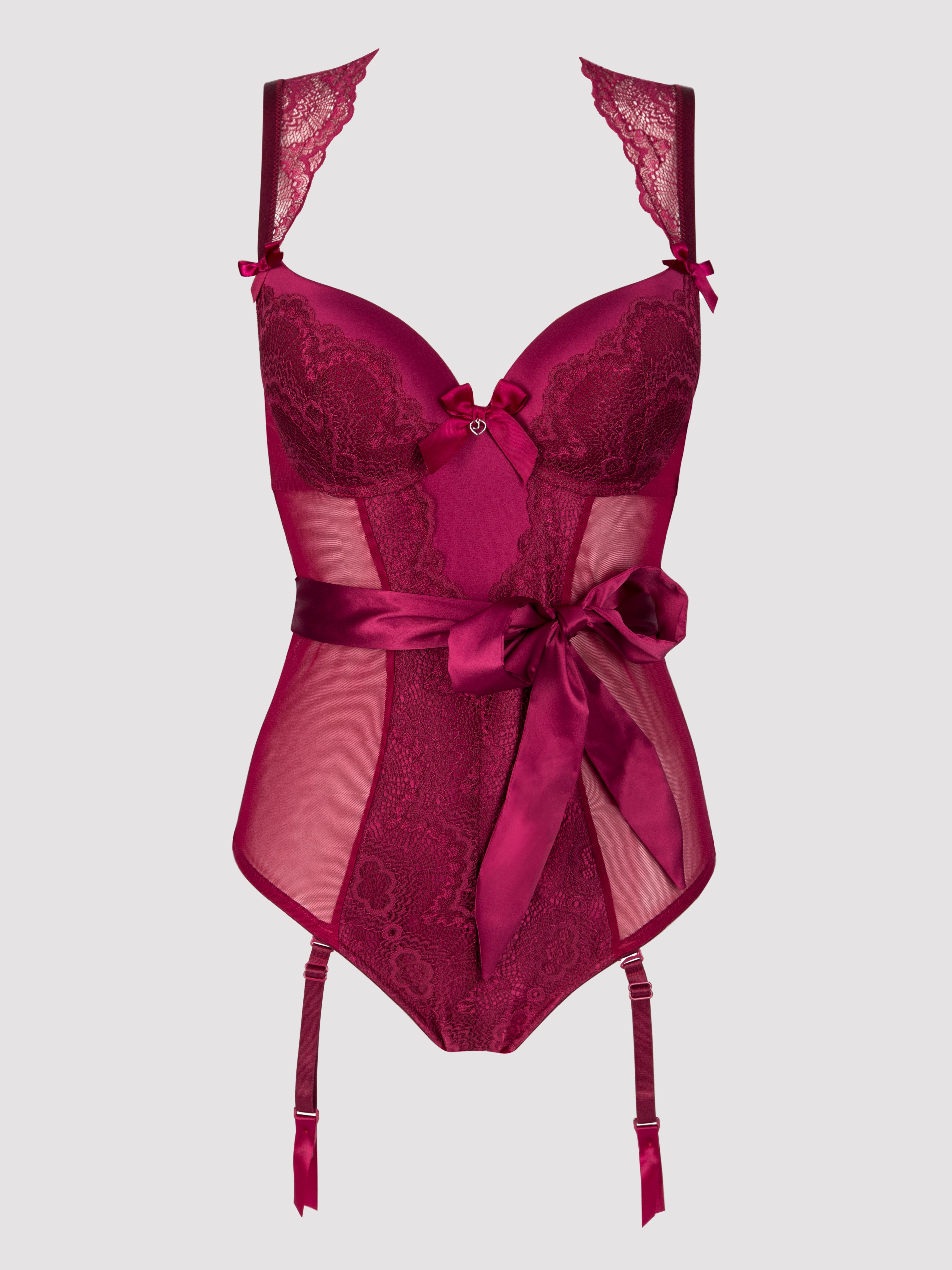 Lovehoney Moonlight Wine Crotchless Plunge Teddy, Red, hi-res