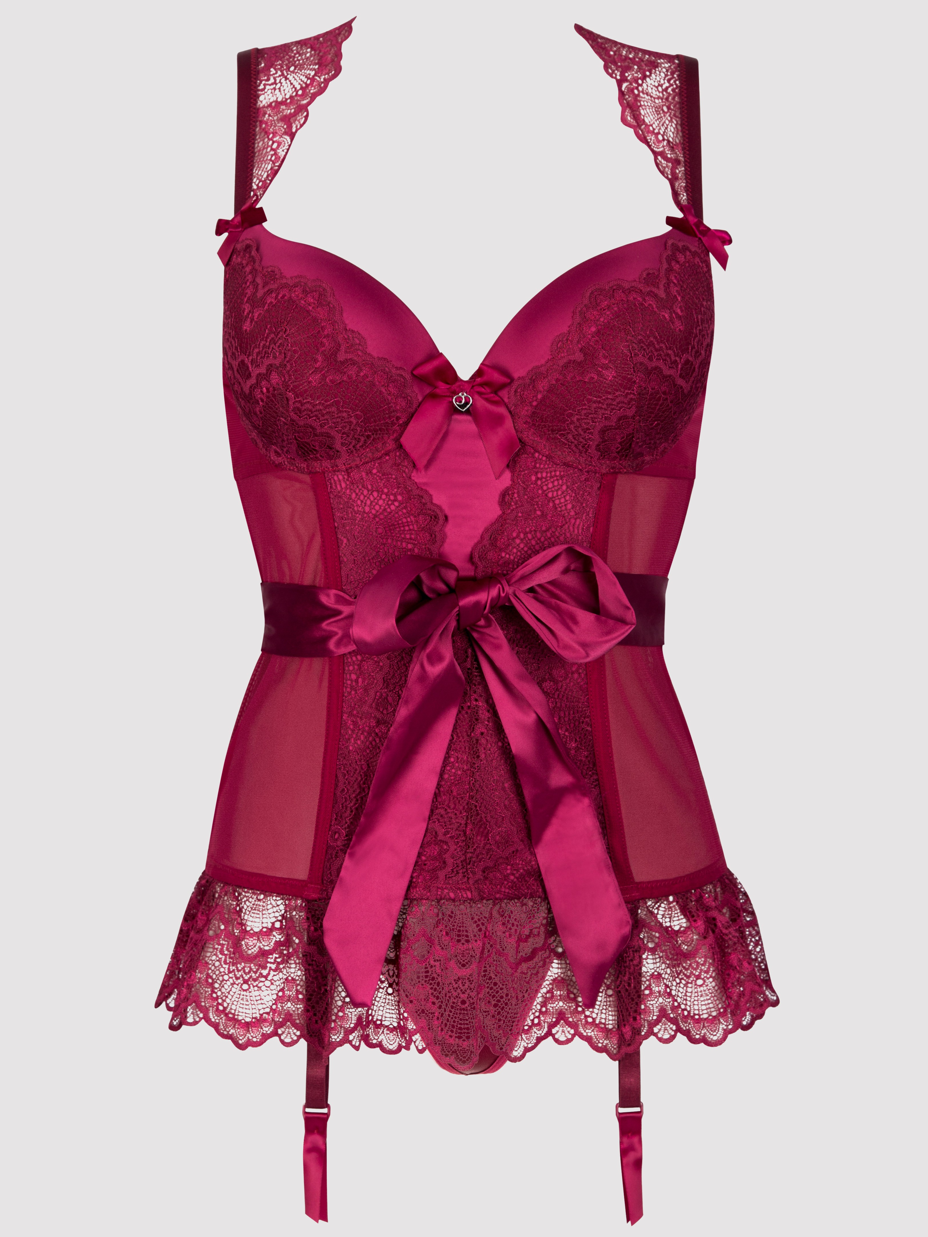 Lovehoney Moonlight Wine Plunge Basque Set, Red, hi-res