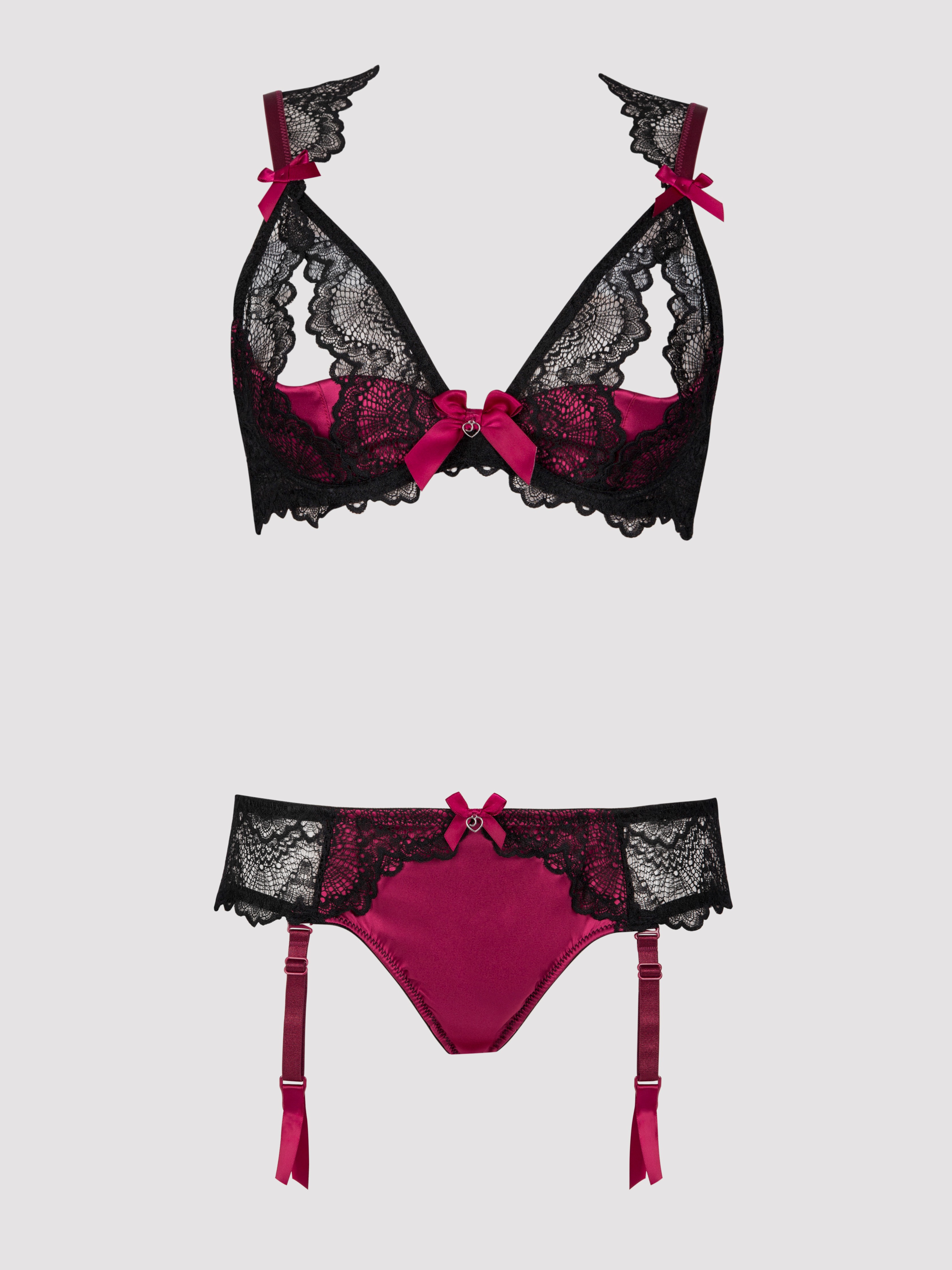 Lovehoney Moonlight Black Peekaboo Bra and Garter Panties Set, Black, hi-res