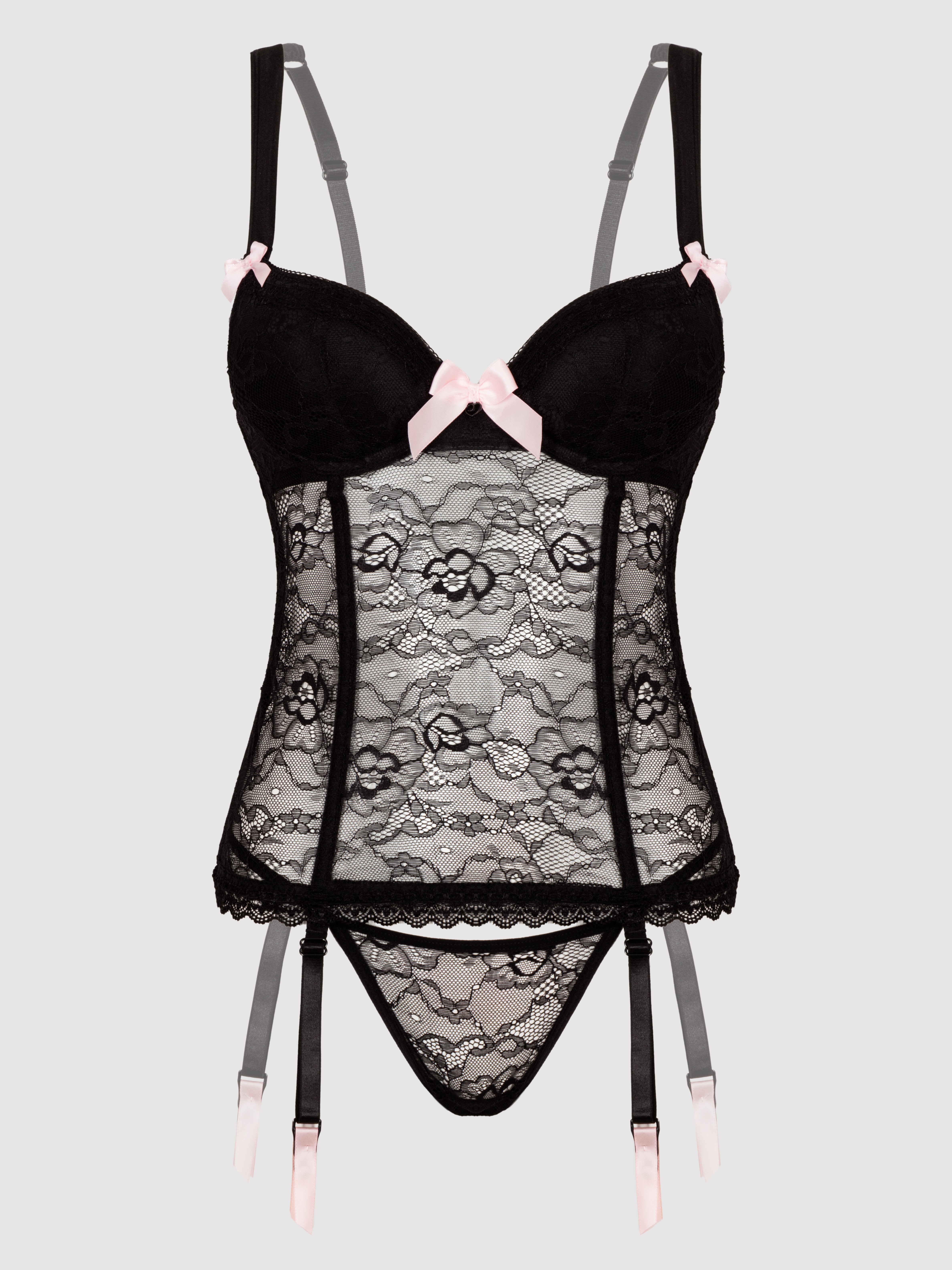 Lovehoney Black Lace Push-Up Basque Set, Black, hi-res