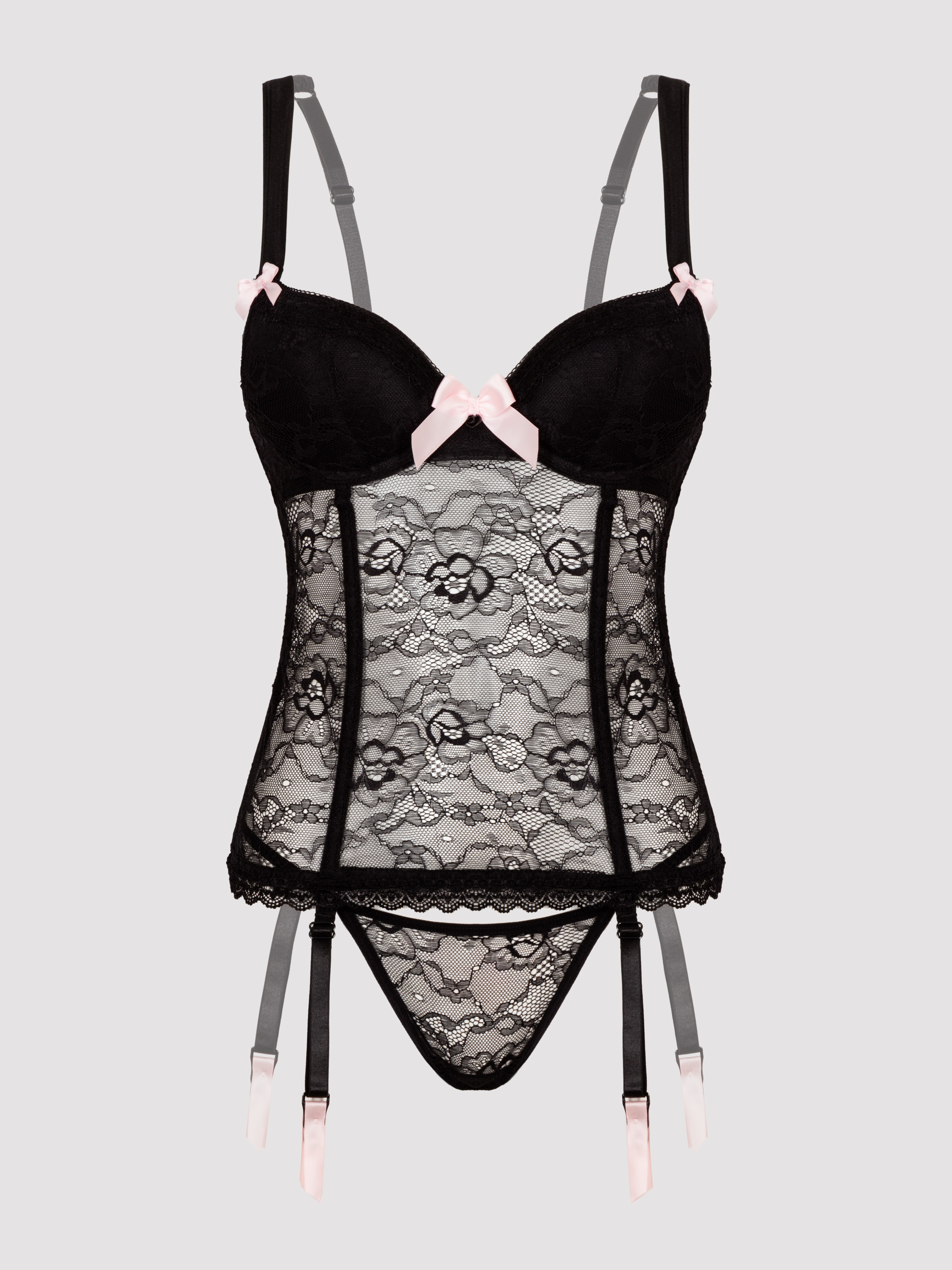 Lovehoney Black Lace Push-Up Basque Set, Black, hi-res