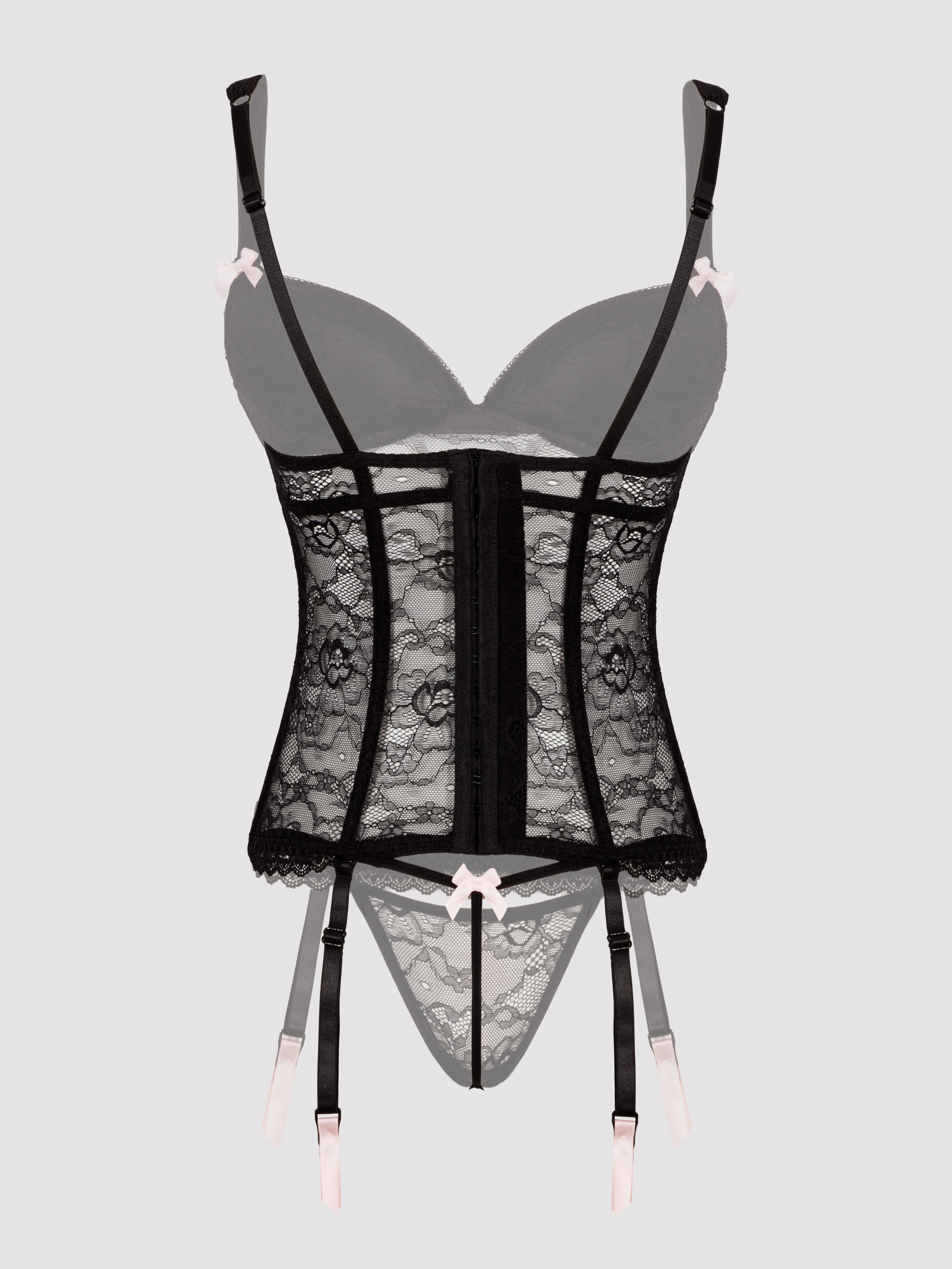 Lovehoney Black Lace Push-Up Basque Set, Black, hi-res