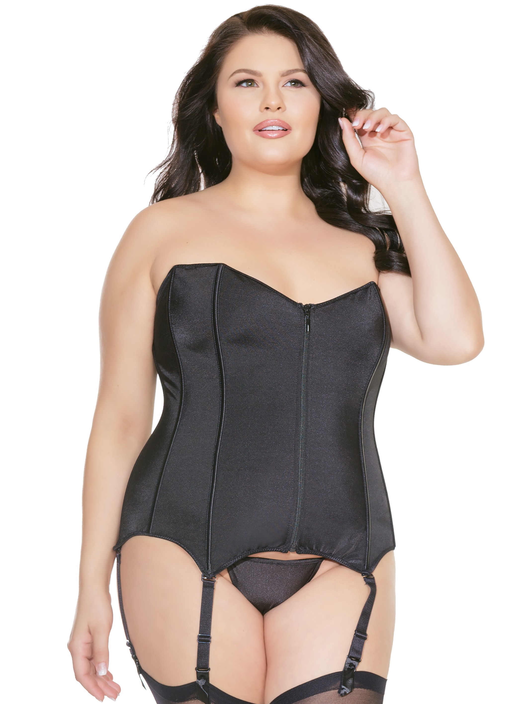 Coquette Zip Front Longline Corset with Garters, Black, hi-res