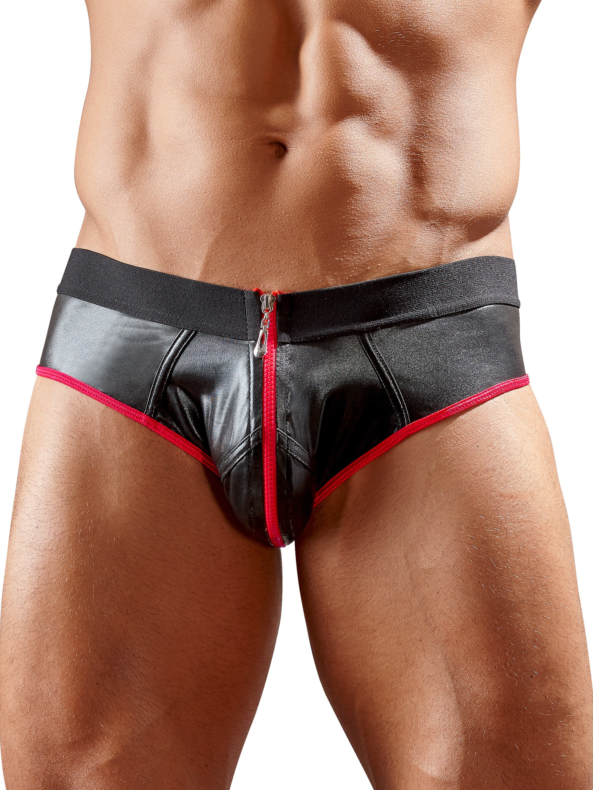 Svenjoyment Zip Front Wet Look Open Back Briefs, Red, hi-res