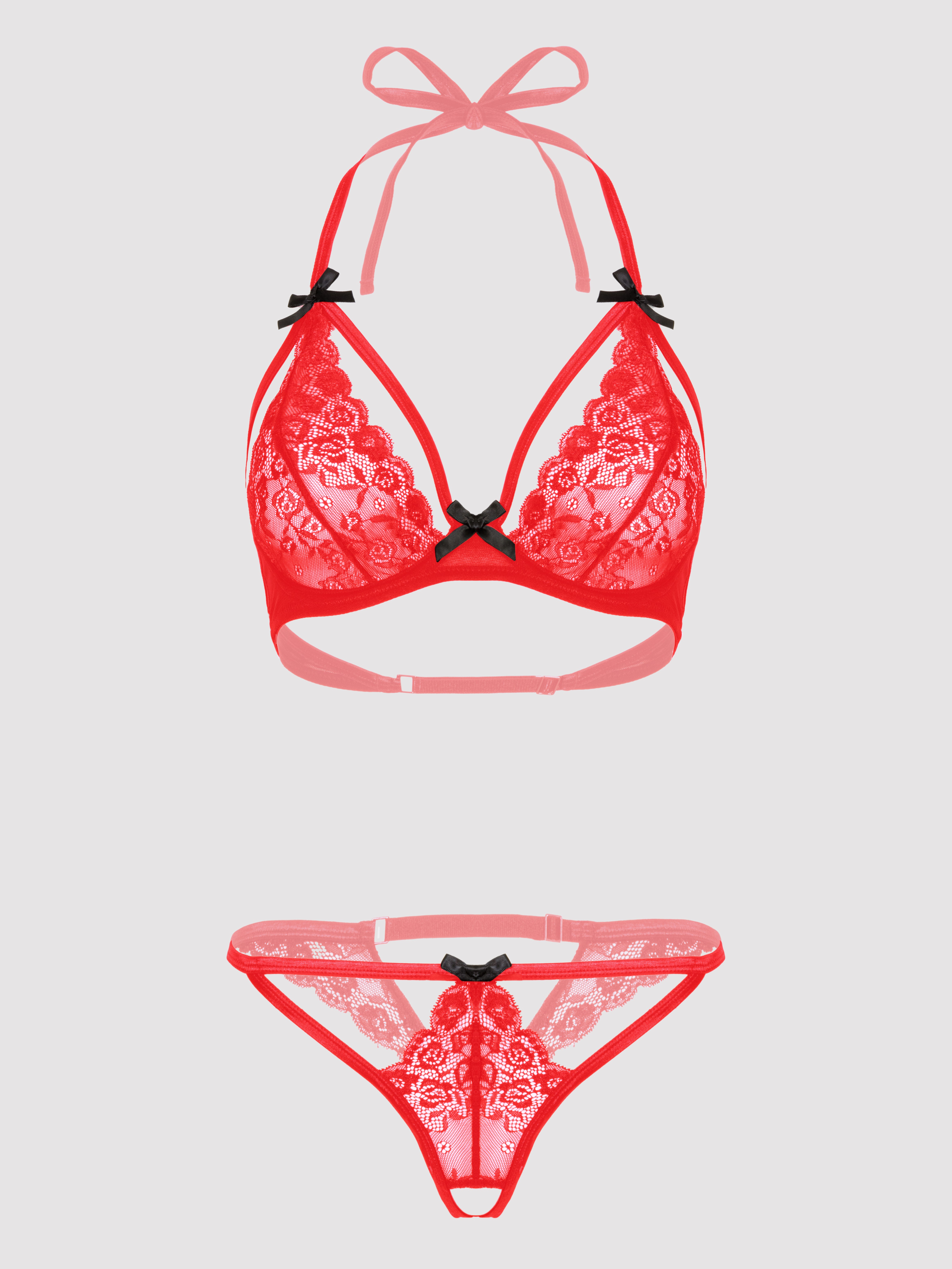 Lovehoney Plus Size Underwired Lace Triangle Bra and Crotchless G-String Set, Red, hi-res